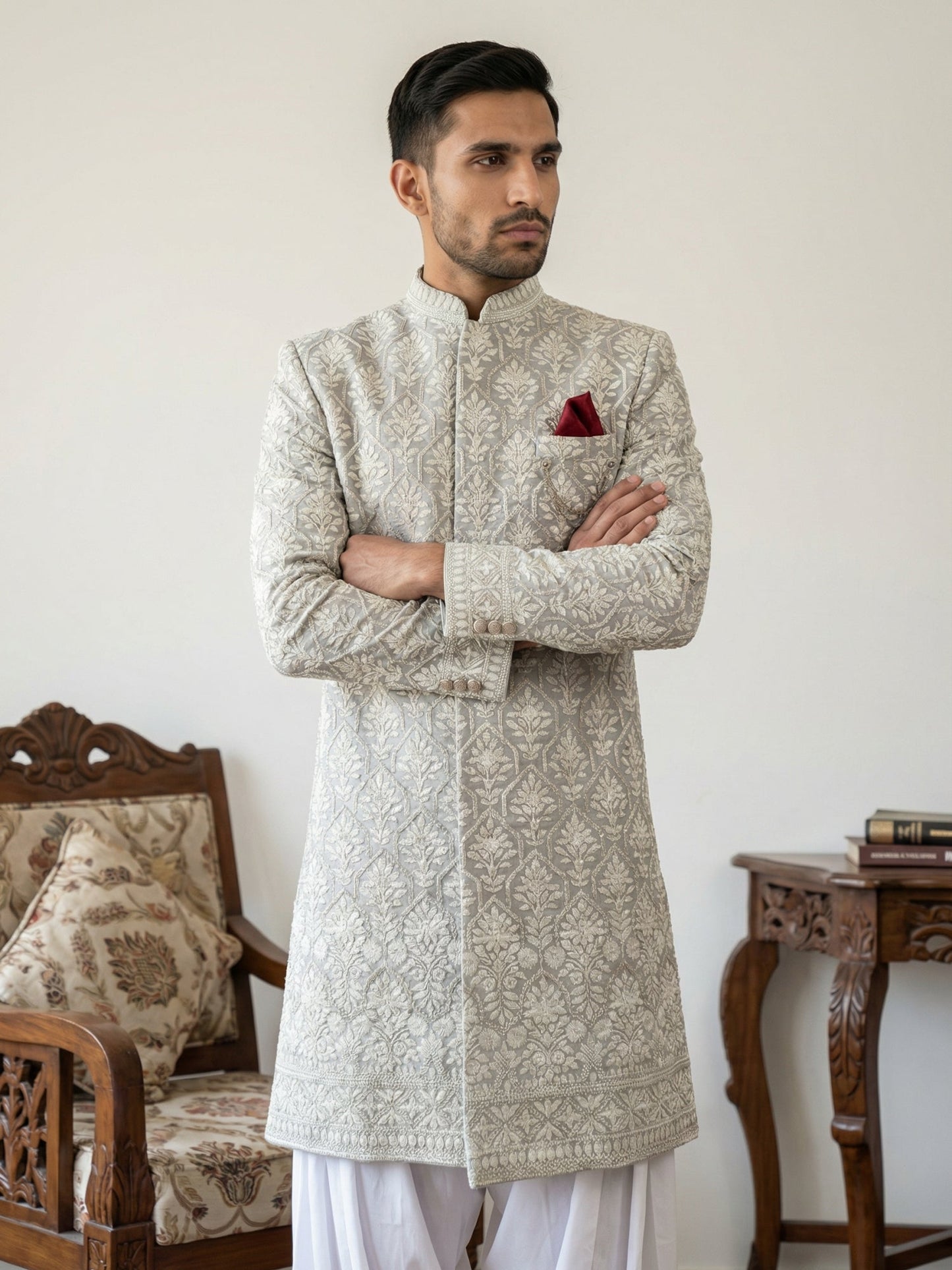 Cotton Blend Embroidered Indo-Western Set ( 50JIND S7W 149Grey S )