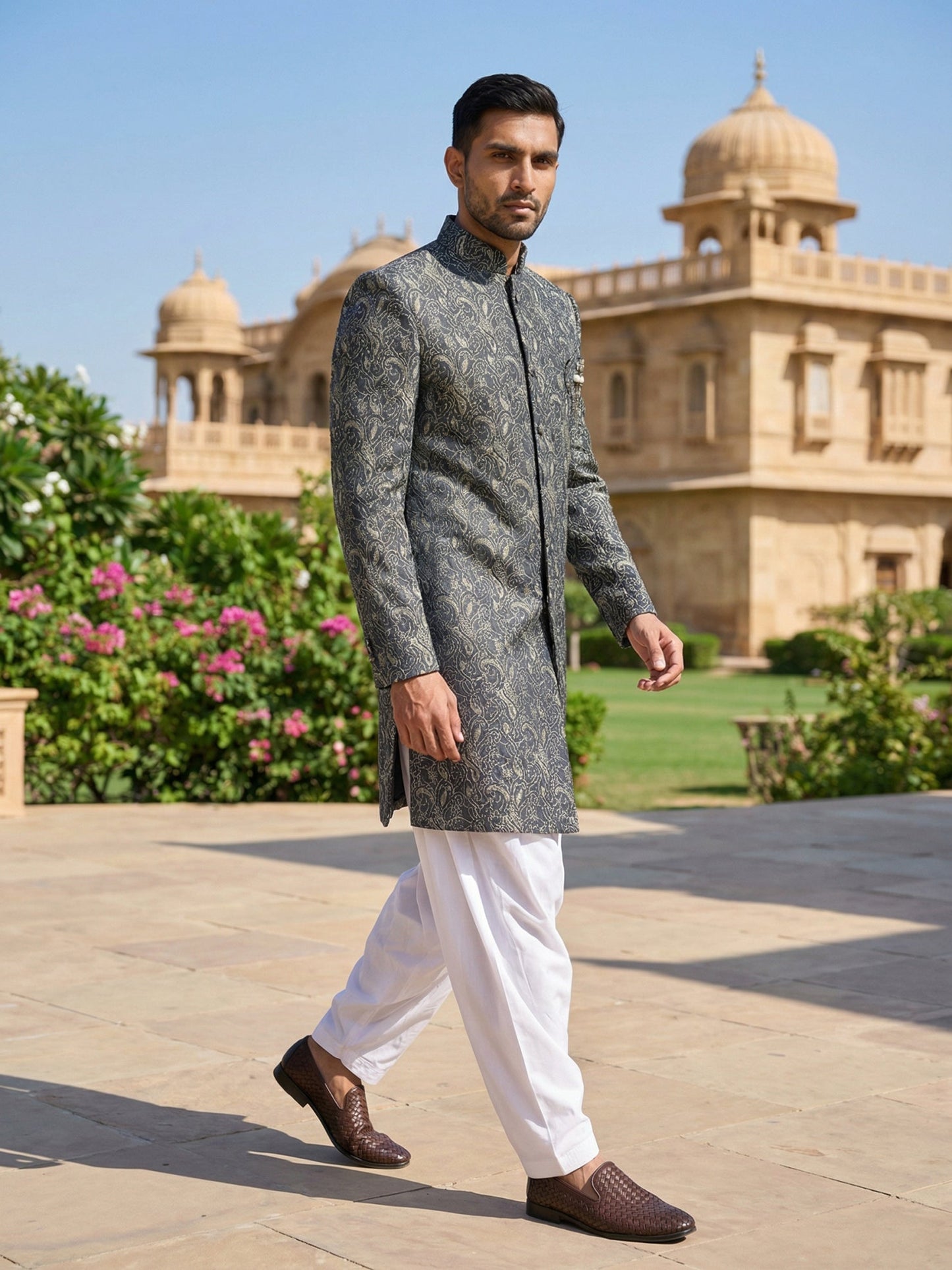 Men’s Woven Silk Jacquard Indo-Western Set ( 50JIND S7W 164Grey S )
