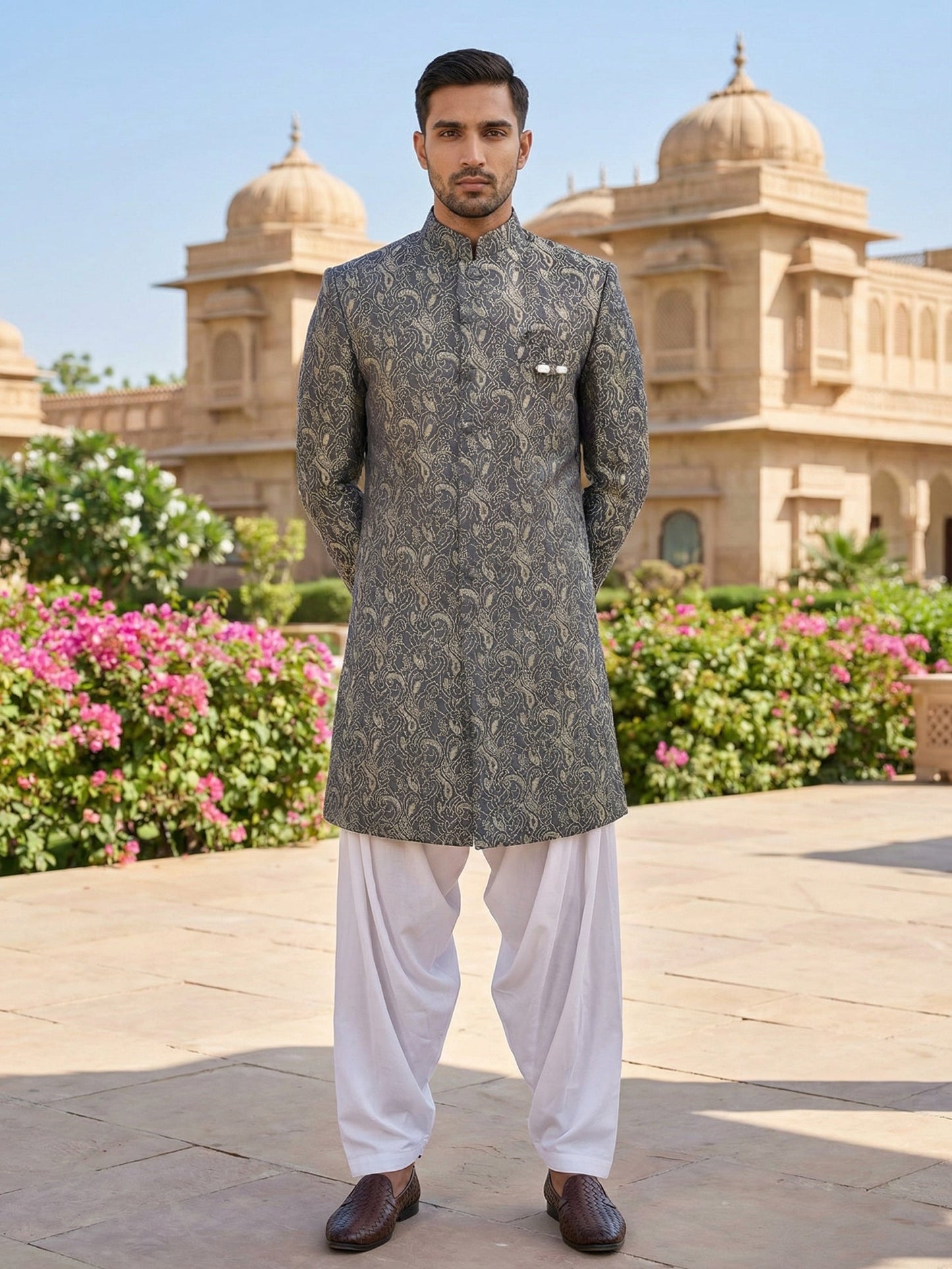 Men’s Woven Silk Jacquard Indo-Western Set ( 50JIND S7W 164Grey S )