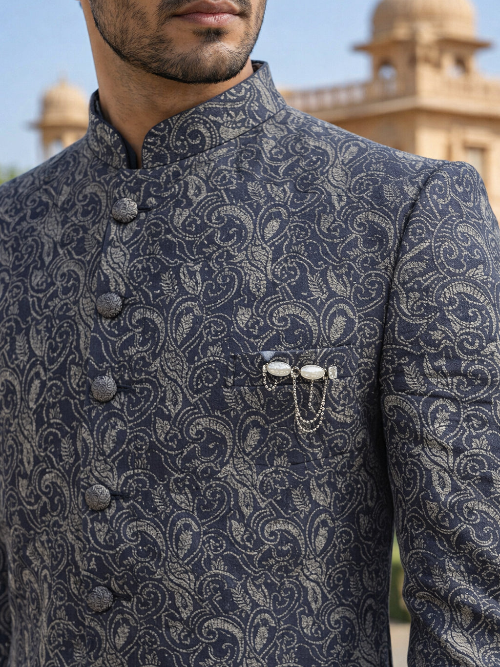 Men’s Woven Silk Jacquard Indo-Western Set ( 50JIND S7W 164Grey S )