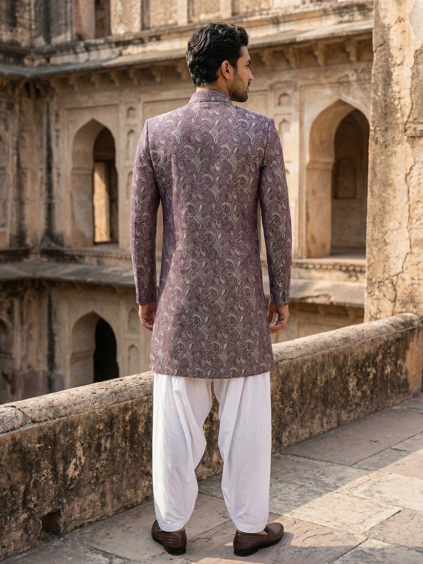 Men’s Woven Silk Jacquard Indo-Western Set ( 50JIND S7W 164Maroon S )