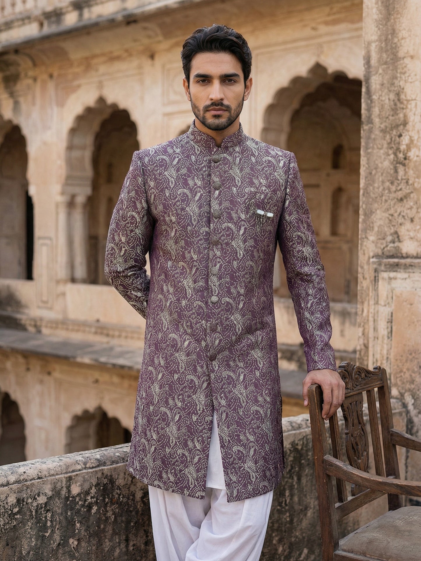 Men’s Woven Silk Jacquard Indo-Western Set ( 50JIND S7W 164Maroon S )