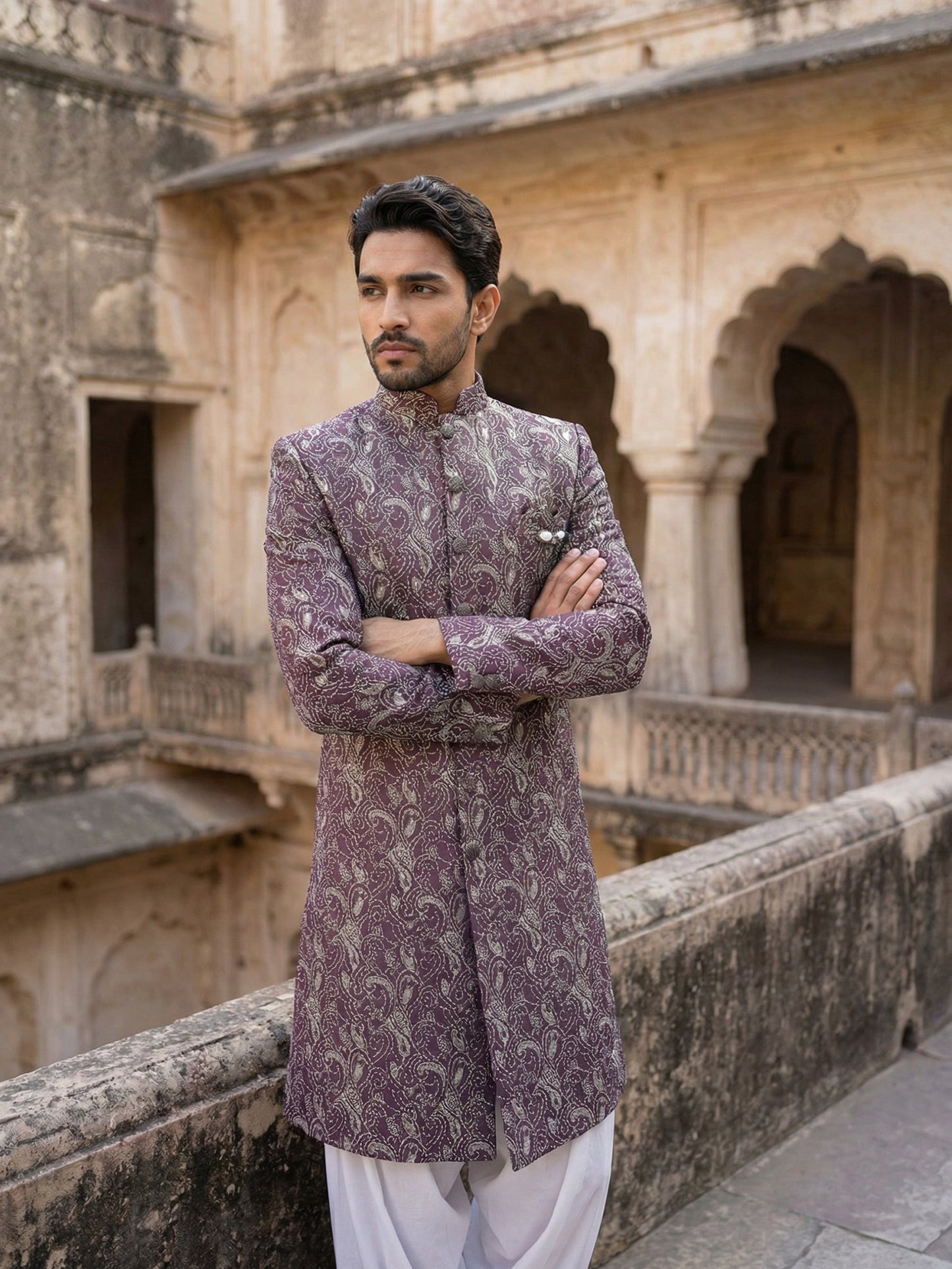 Men’s Woven Silk Jacquard Indo-Western Set ( 50JIND S7W 164Maroon S )