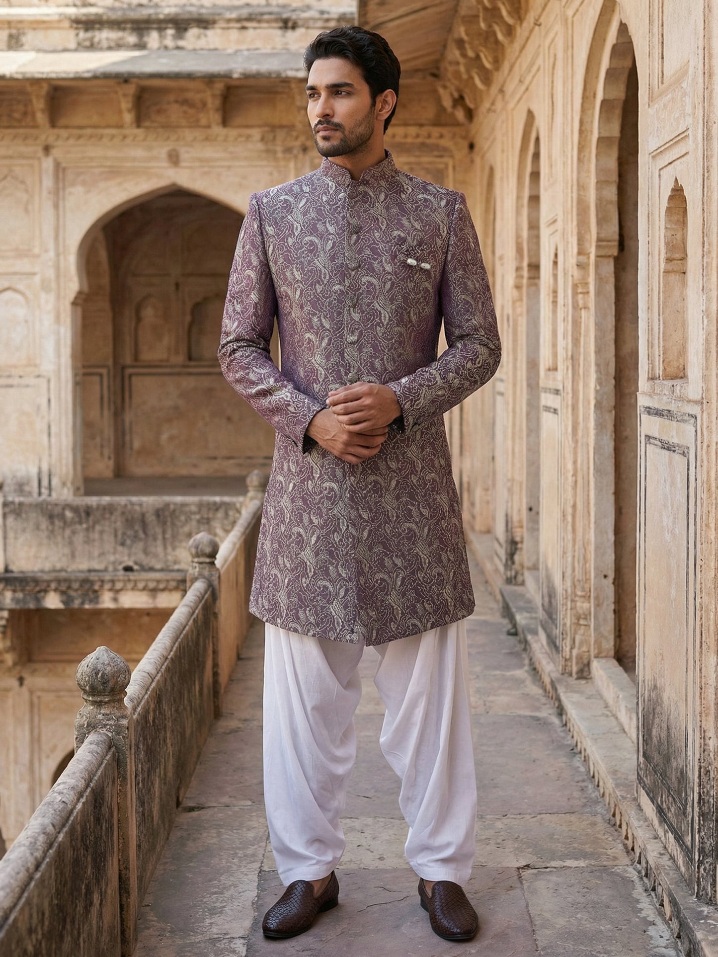 Men’s Woven Silk Jacquard Indo-Western Set ( 50JIND S7W 164Maroon S )