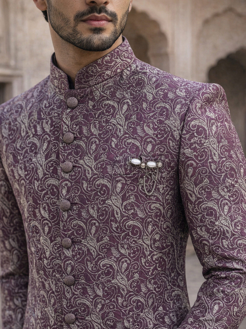 Men’s Woven Silk Jacquard Indo-Western Set ( 50JIND S7W 164Maroon S )