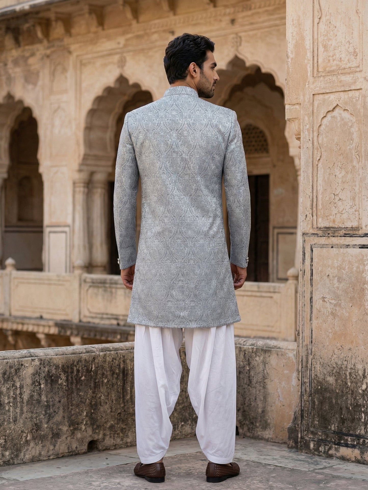 Paisley Jacquard Silk Indo-Western Set ( 50JIND S7W 168Grey S )