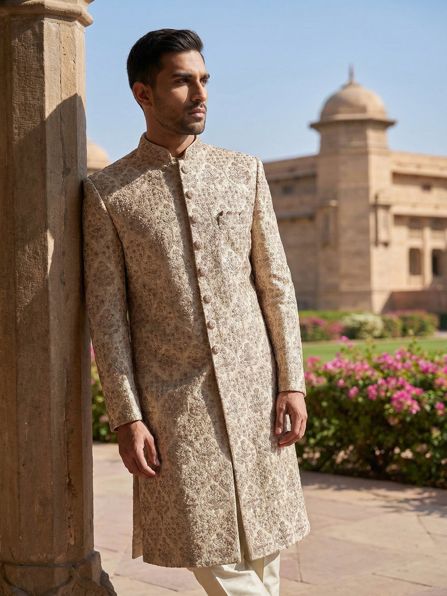 Men Premium Silk Blend Sherwani Set ( 50JSH 101Golden M )