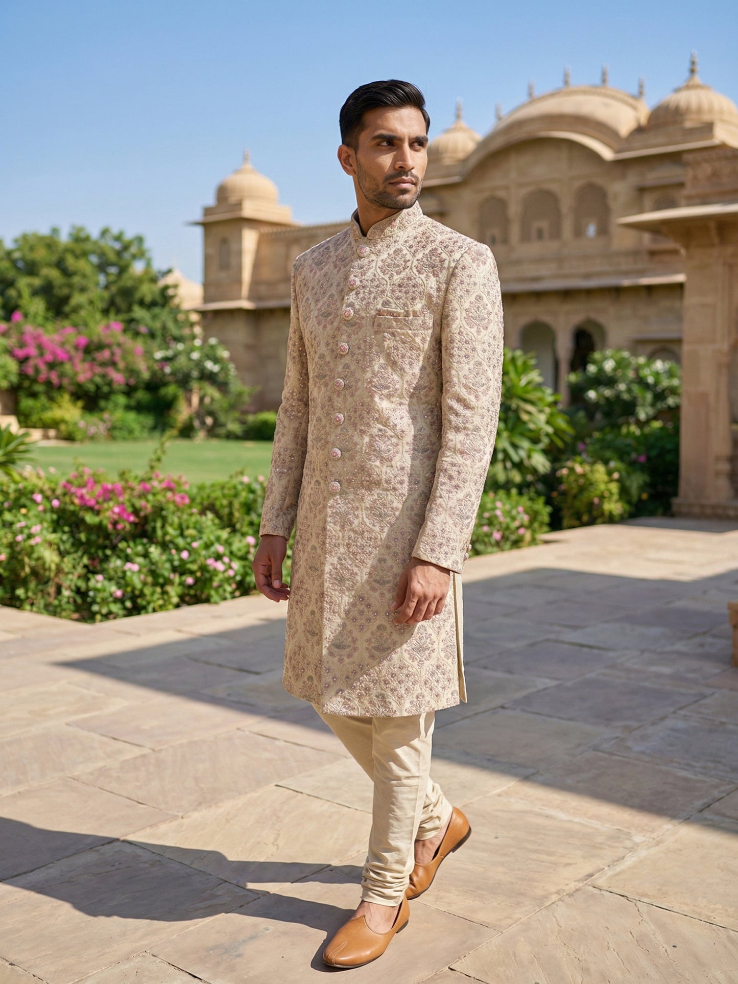 Men Premium Silk Blend Sherwani Set ( 50JSH 101Golden M )