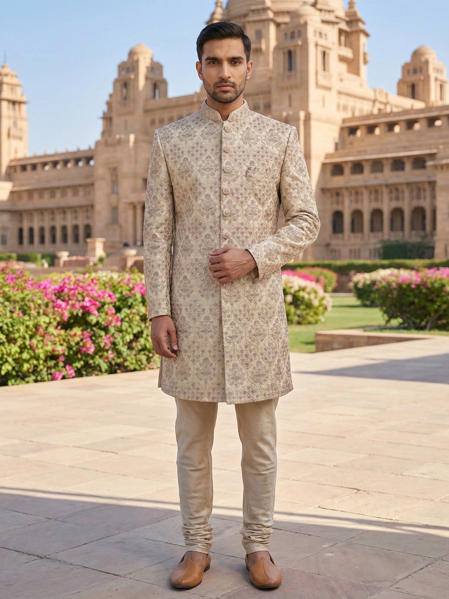Men Premium Silk Blend Sherwani Set ( 50JSH 101Golden M )
