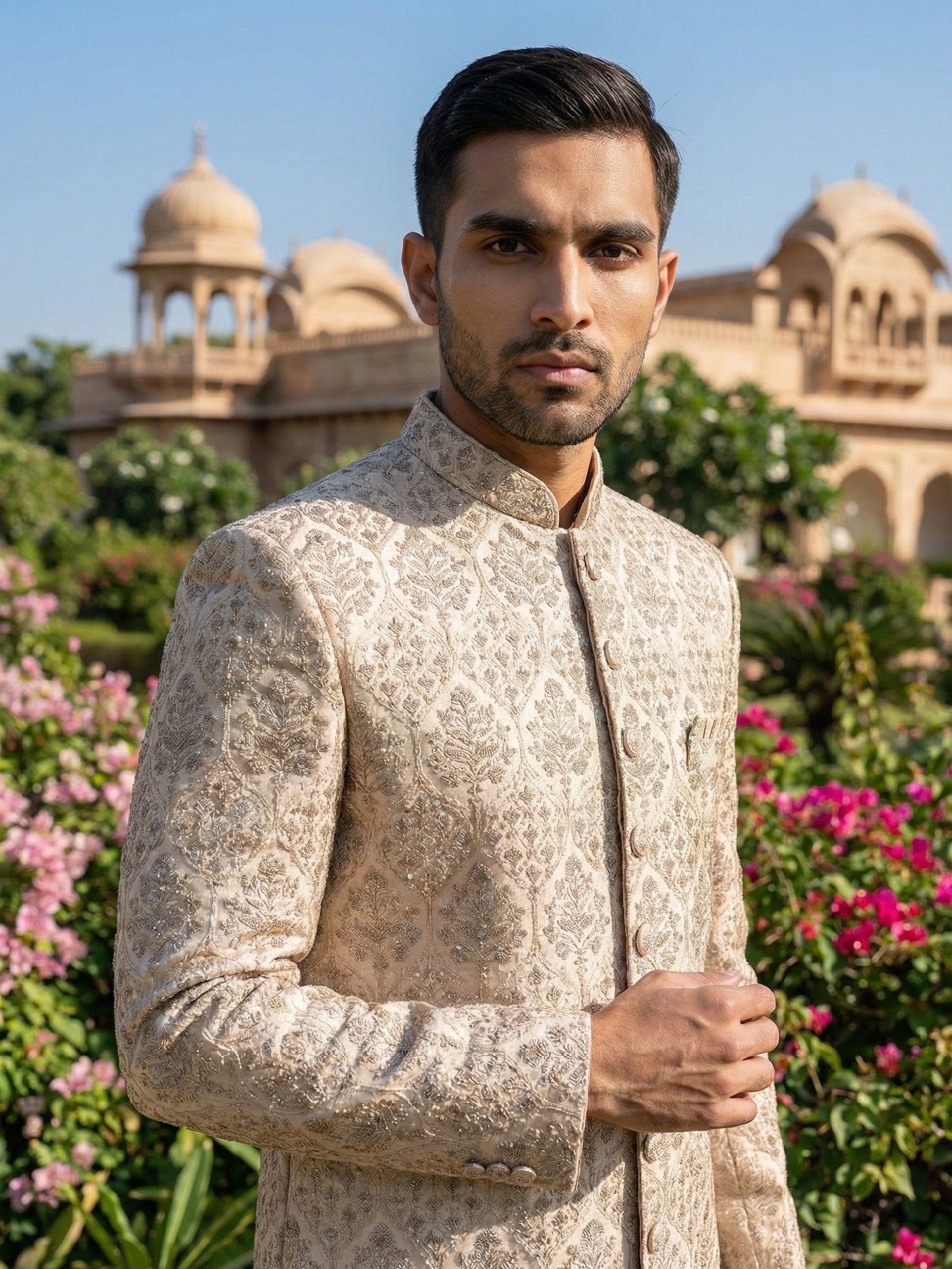 Men Premium Silk Blend Sherwani Set ( 50JSH 101Golden M )