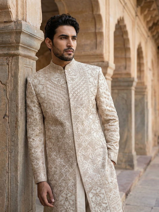 Traditional Embroidered Sherwani Set ( 50JSH 102Golden L )