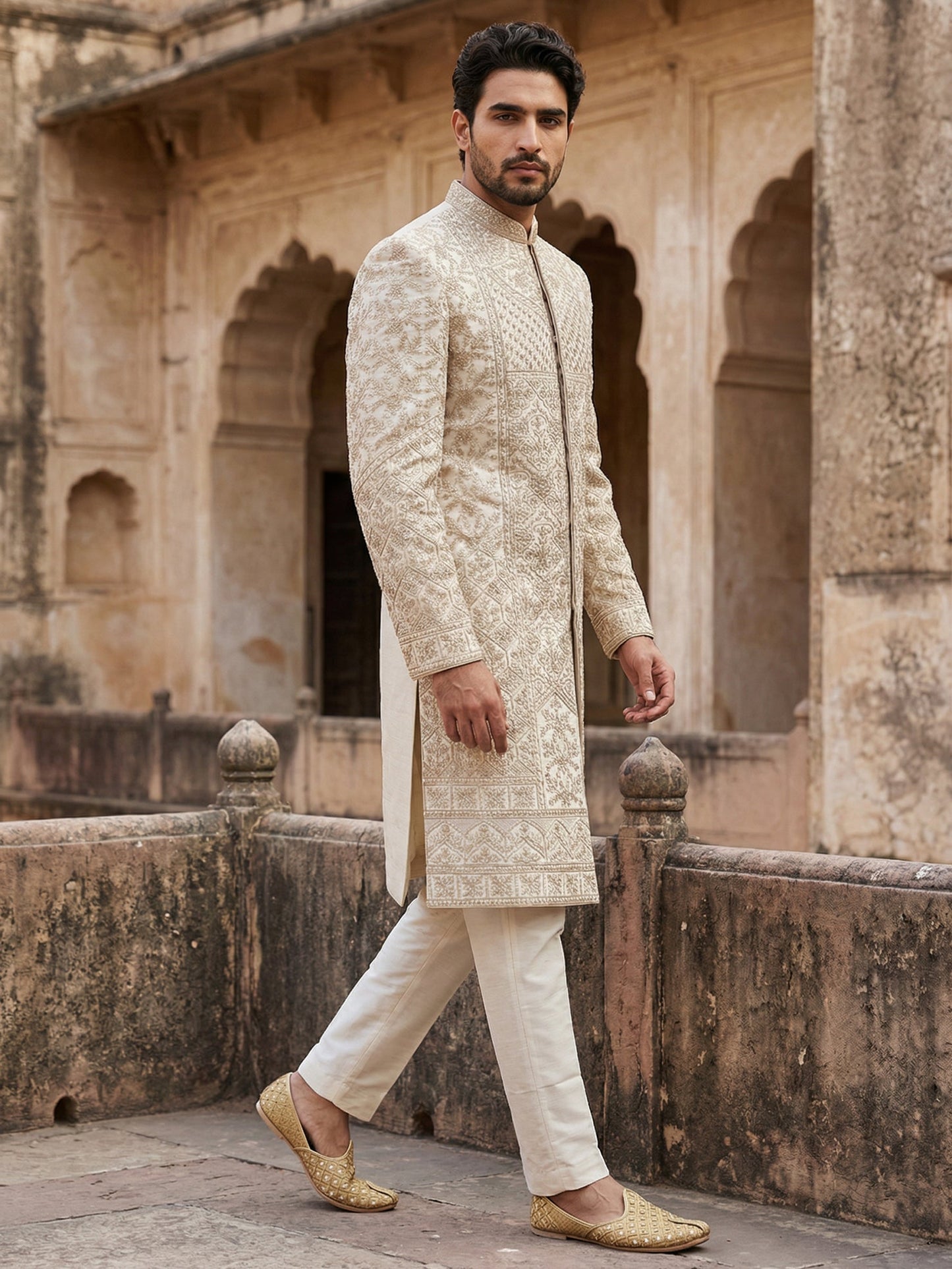 Traditional Embroidered Sherwani Set ( 50JSH 102Golden L )