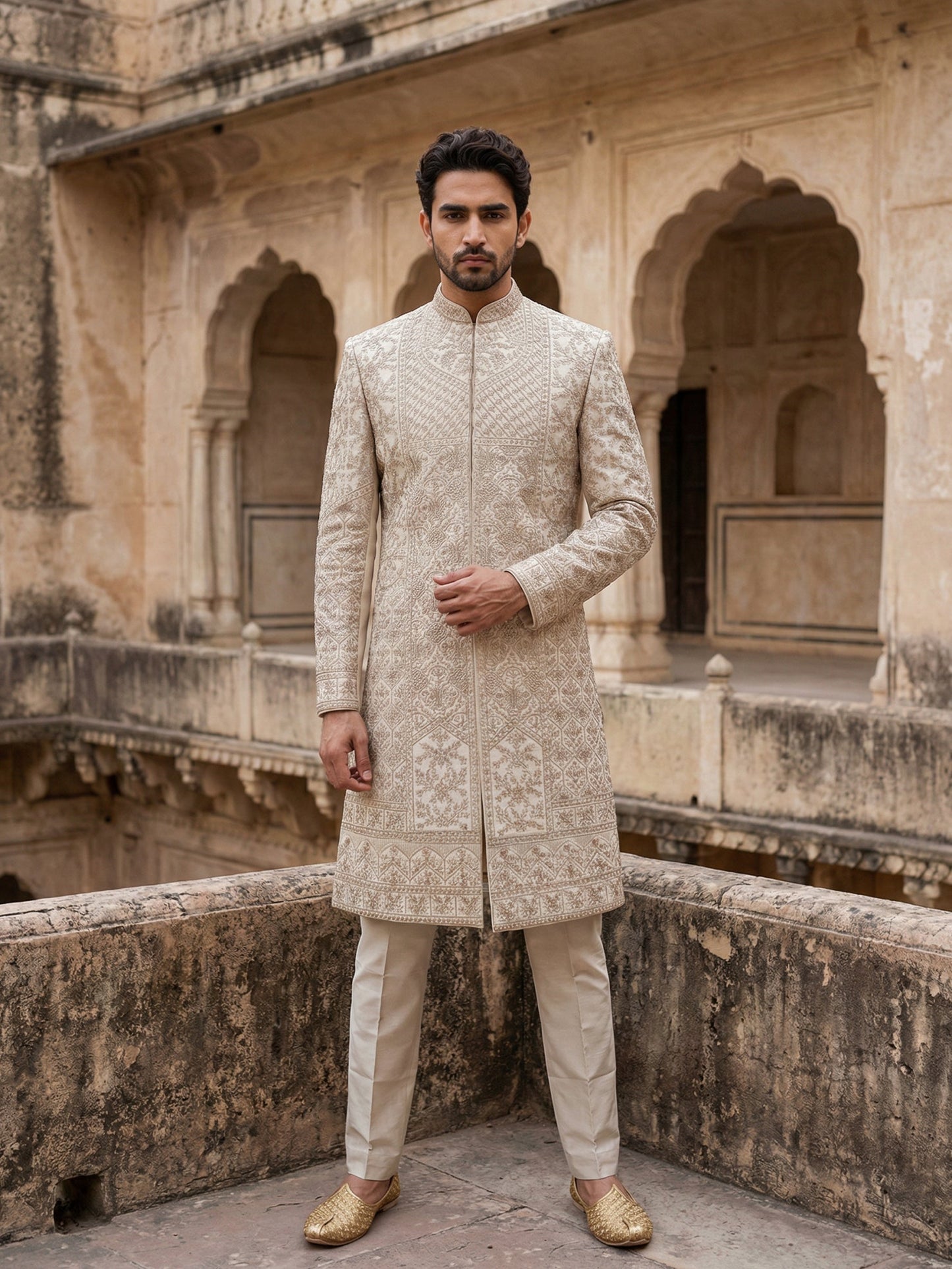 Traditional Embroidered Sherwani Set ( 50JSH 102Golden L )