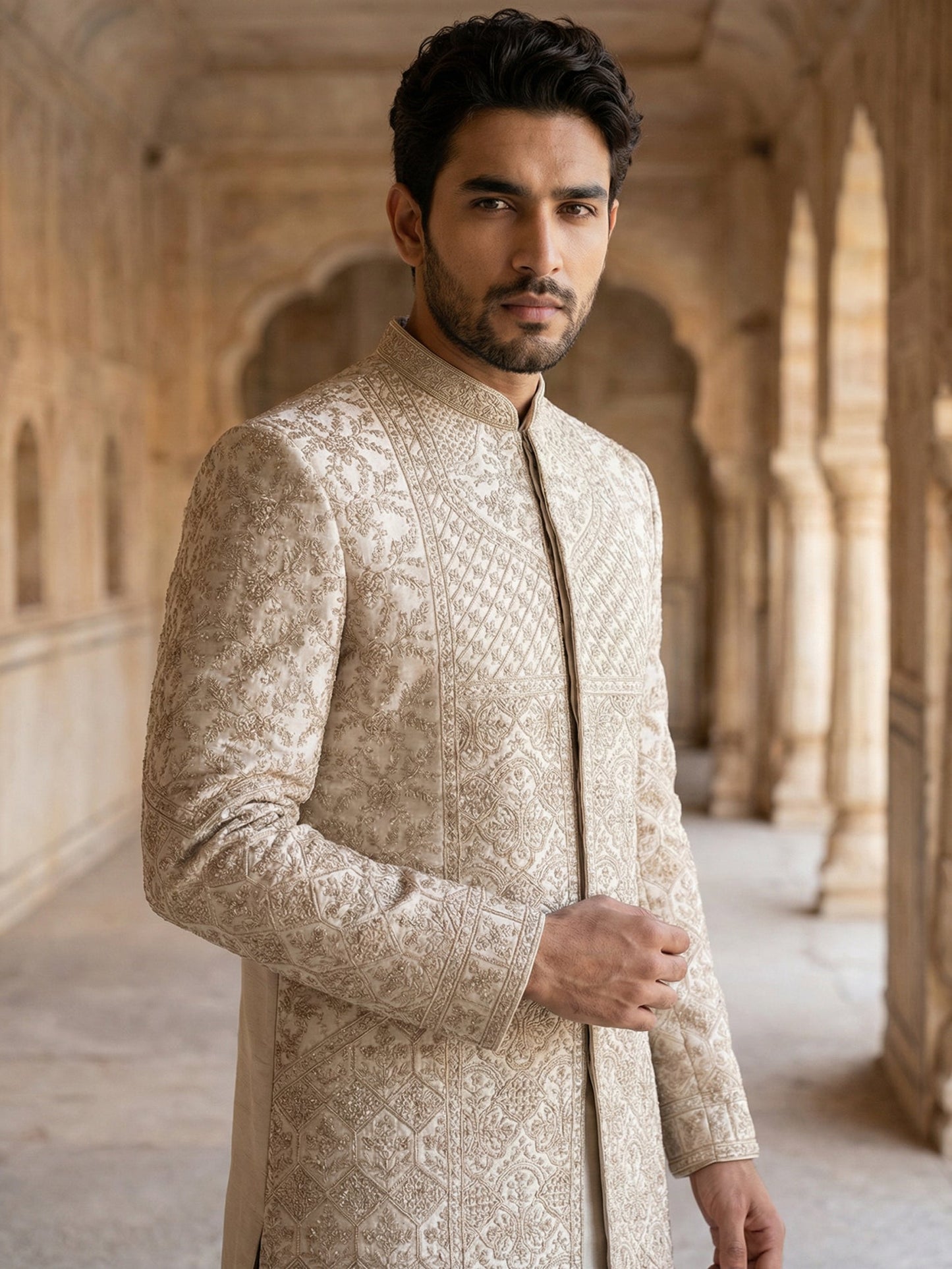 Traditional Embroidered Sherwani Set ( 50JSH 102Golden L )