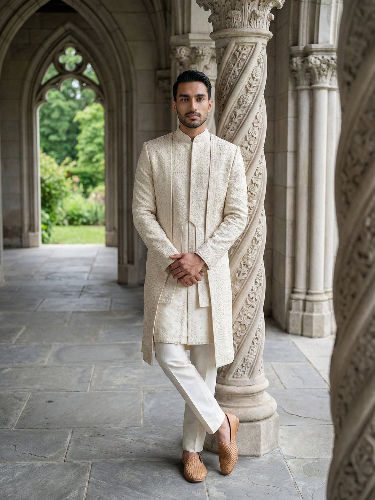 Men Designer Embroidered Sherwani Set ( 50JSH 103Cream M )