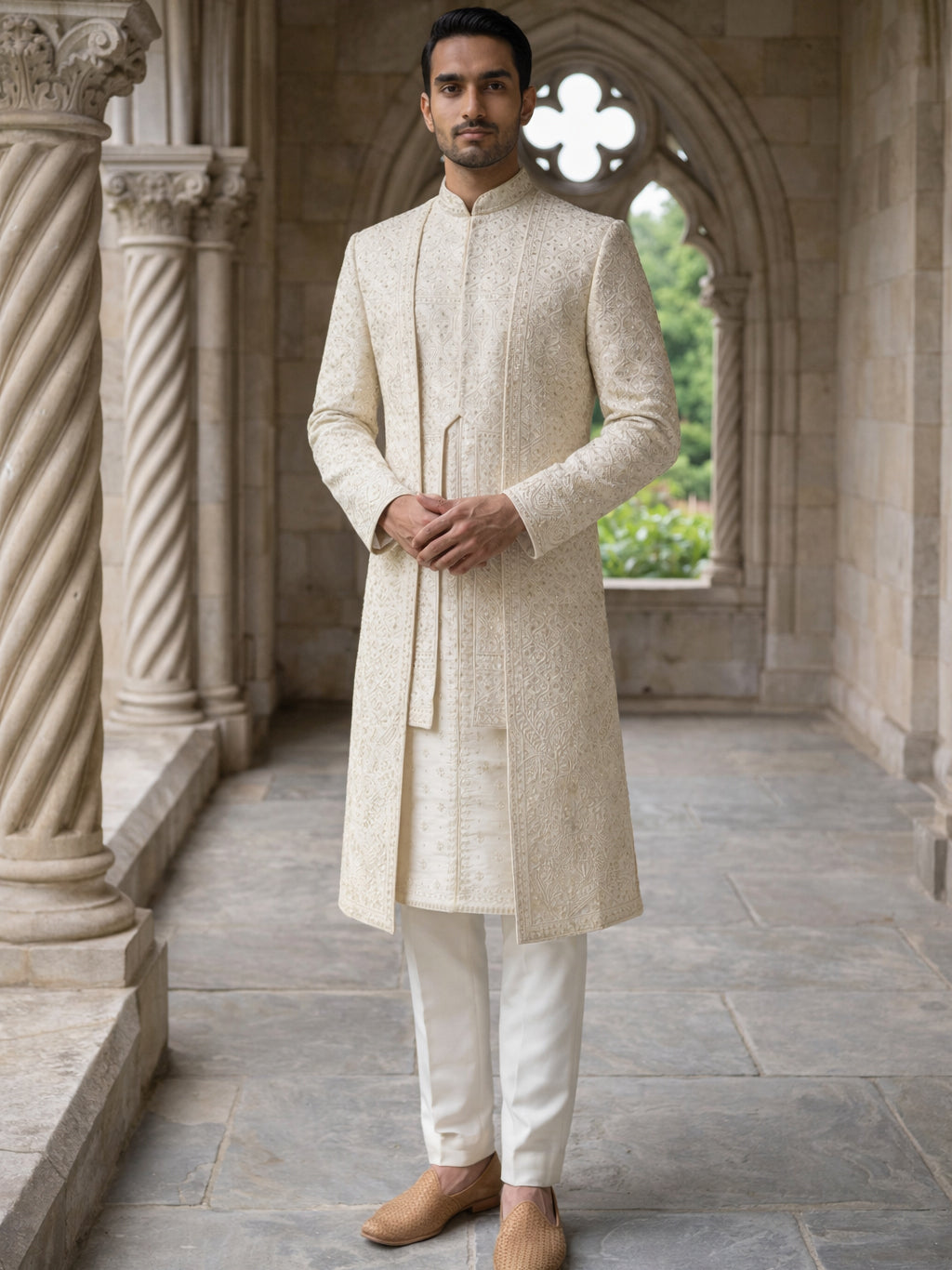 Men Designer Embroidered Sherwani Set ( 50JSH 103Cream M )