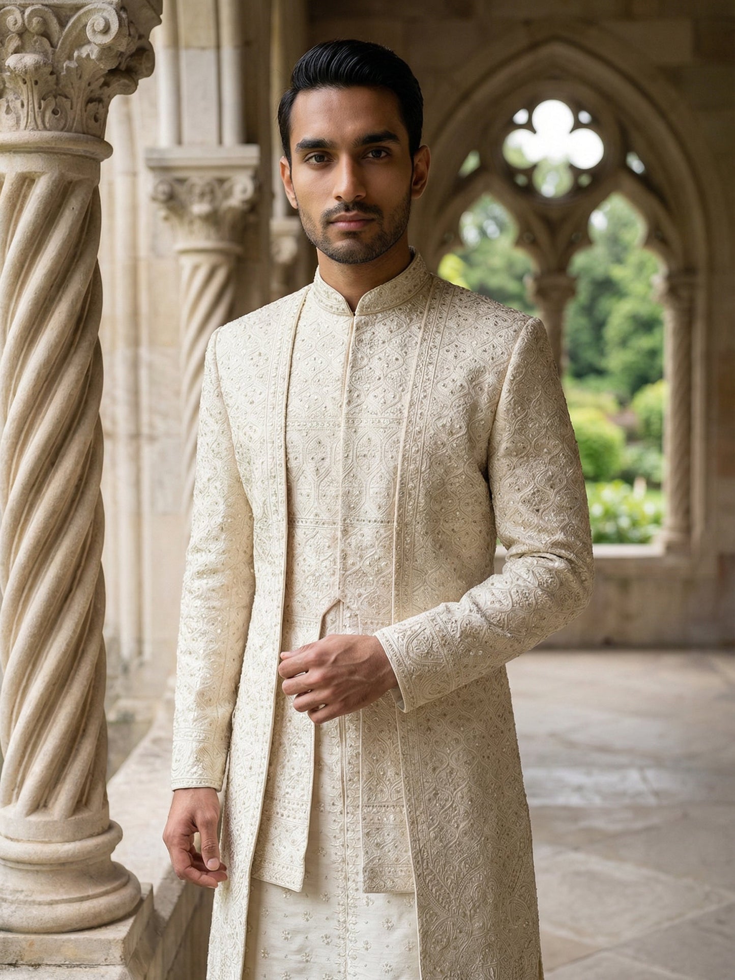 Men Designer Embroidered Sherwani Set ( 50JSH 103Cream M )