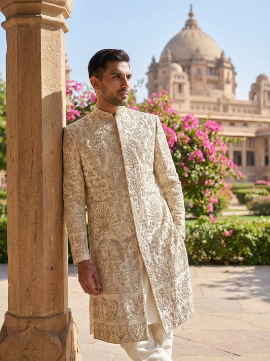 Traditional Zari Work Ivory Sherwani Set ( 50JSH 104Cream S )