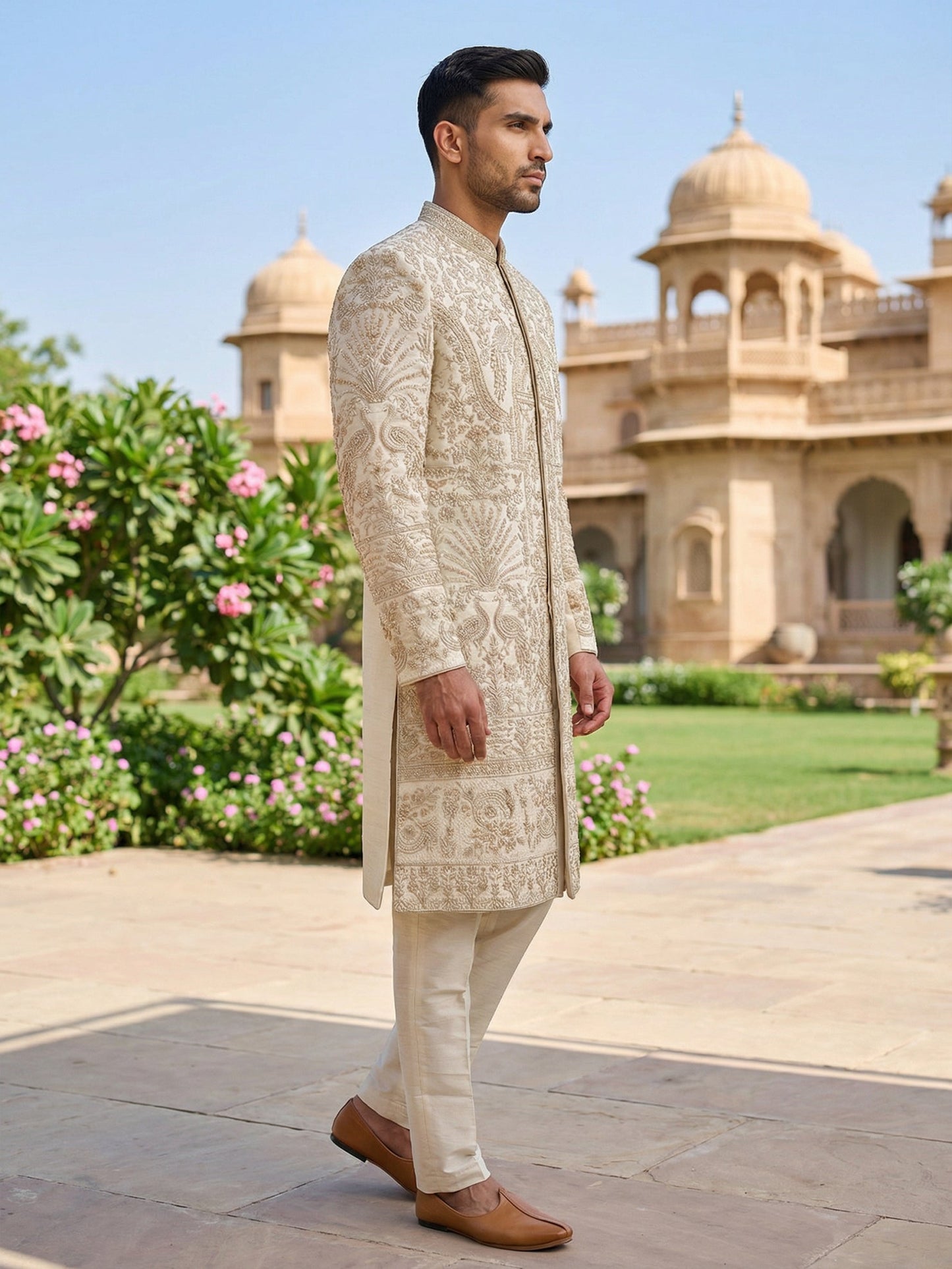 Traditional Zari Work Ivory Sherwani Set ( 50JSH 104Cream S )
