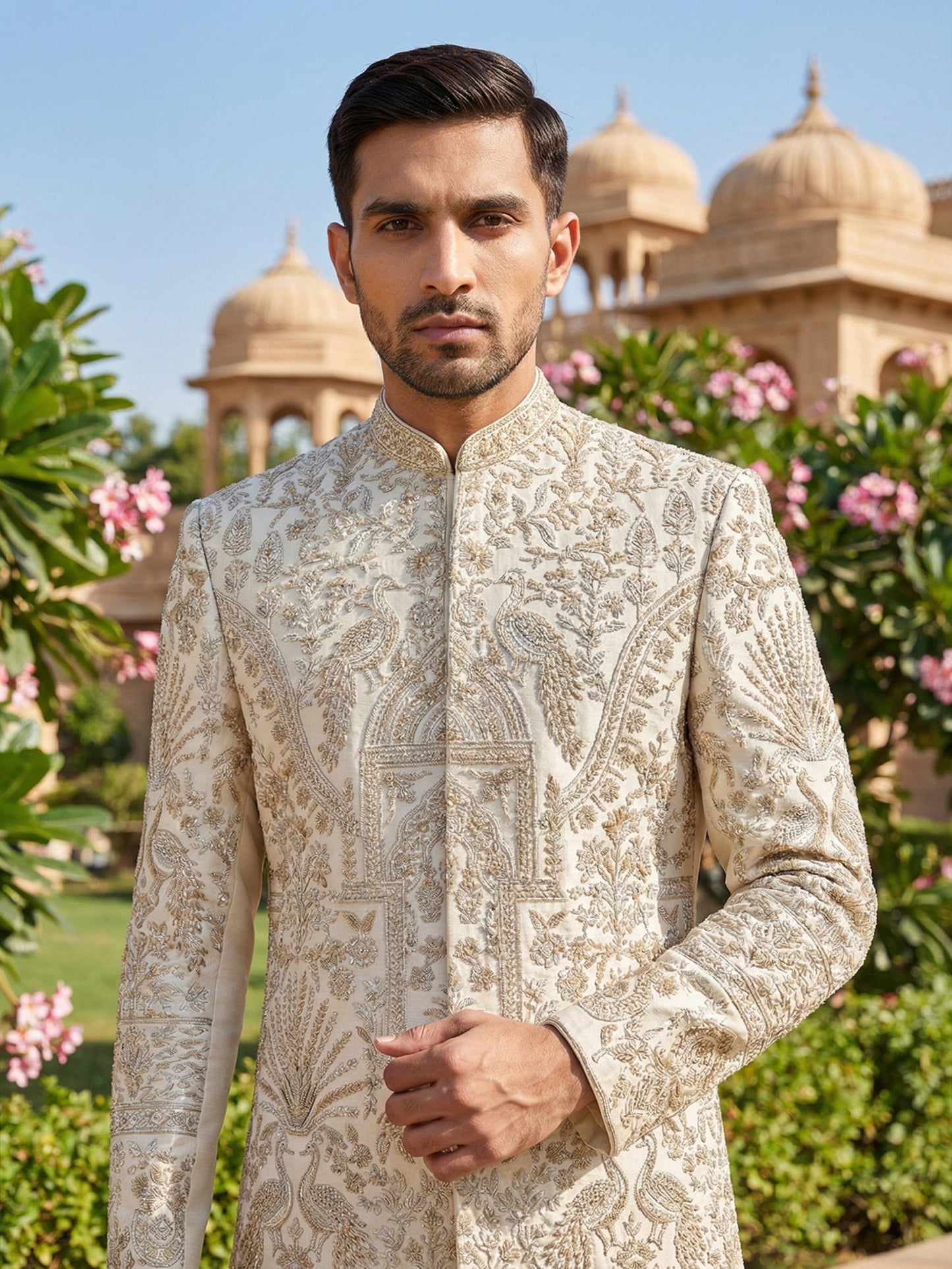 Traditional Zari Work Ivory Sherwani Set ( 50JSH 104Cream S )