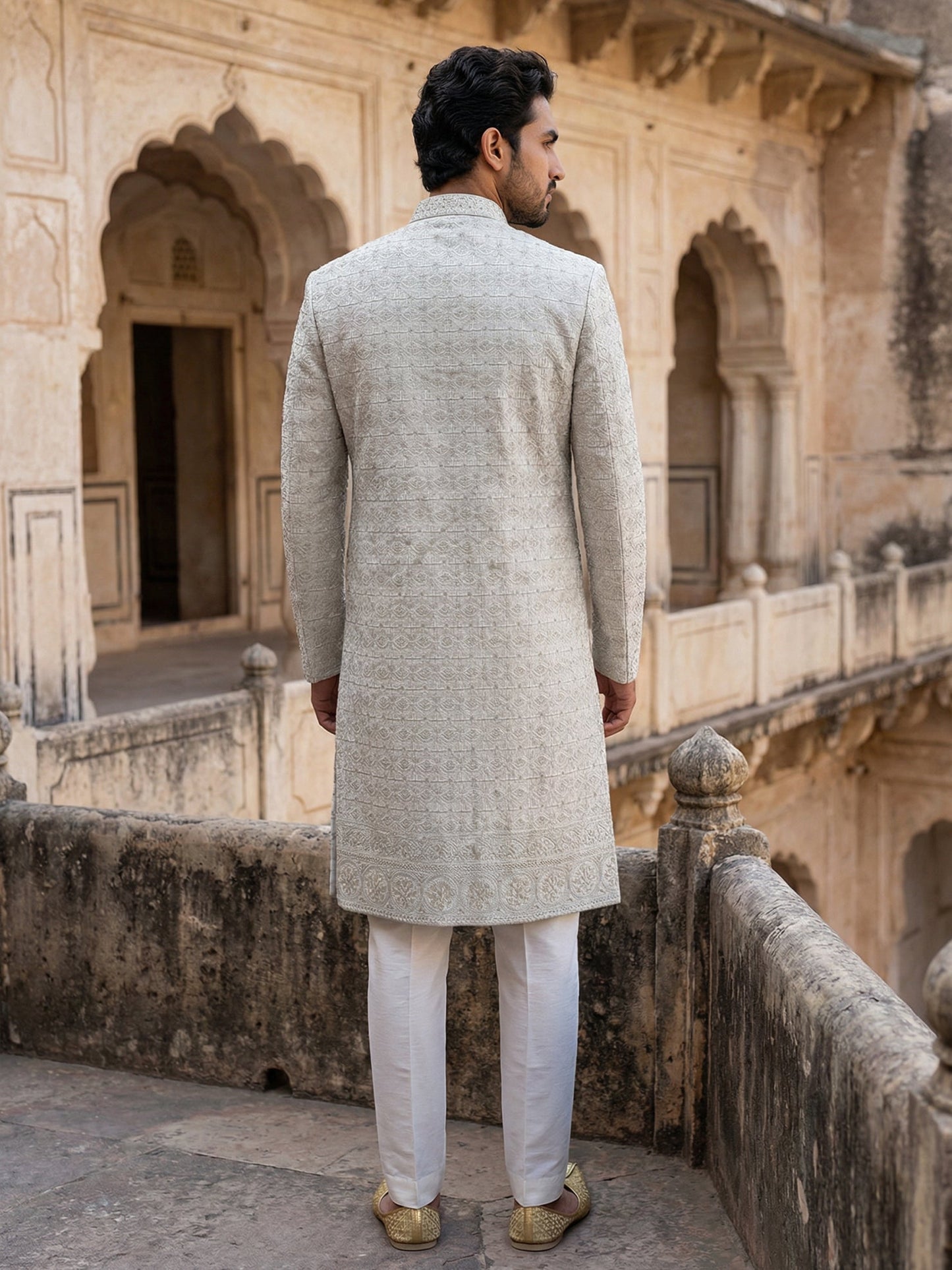 Silk Blend Heavy Embroidered Sherwani Set ( 50JSH 105Cream S )