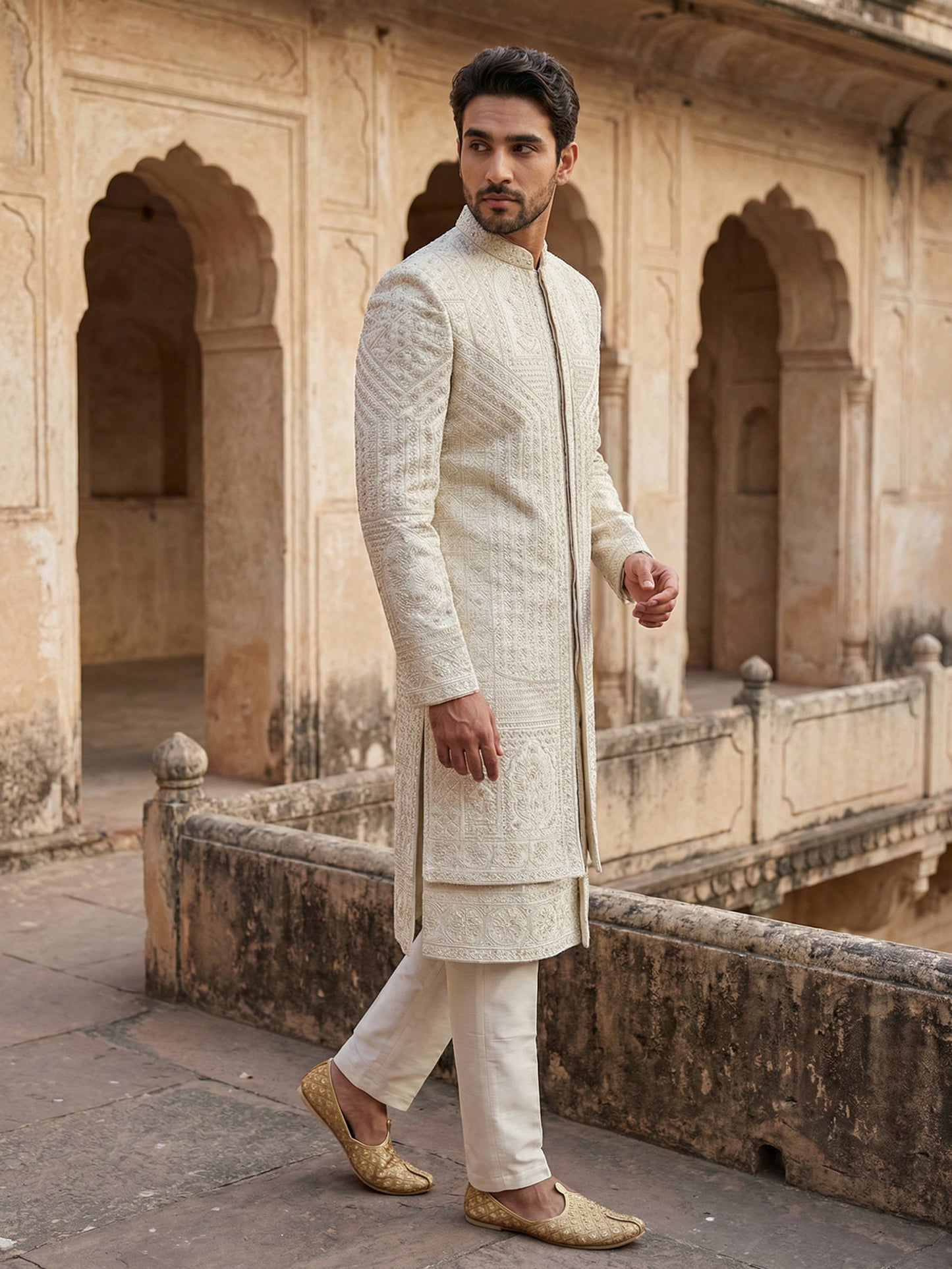 Silk Blend Heavy Embroidered Sherwani Set ( 50JSH 105Cream S )