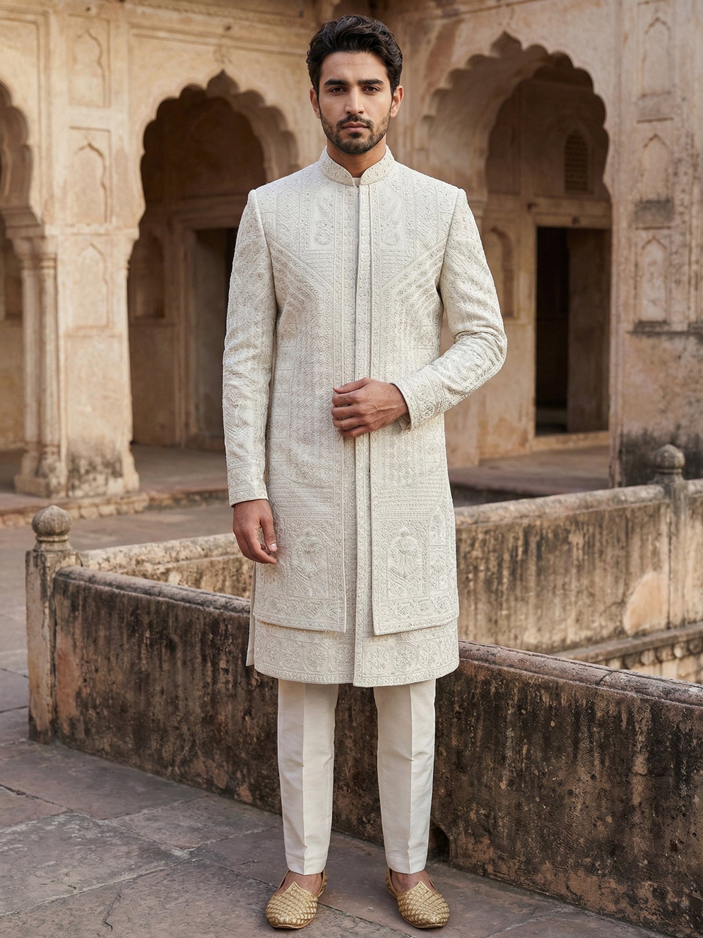 Silk Blend Heavy Embroidered Sherwani Set ( 50JSH 105Cream S )