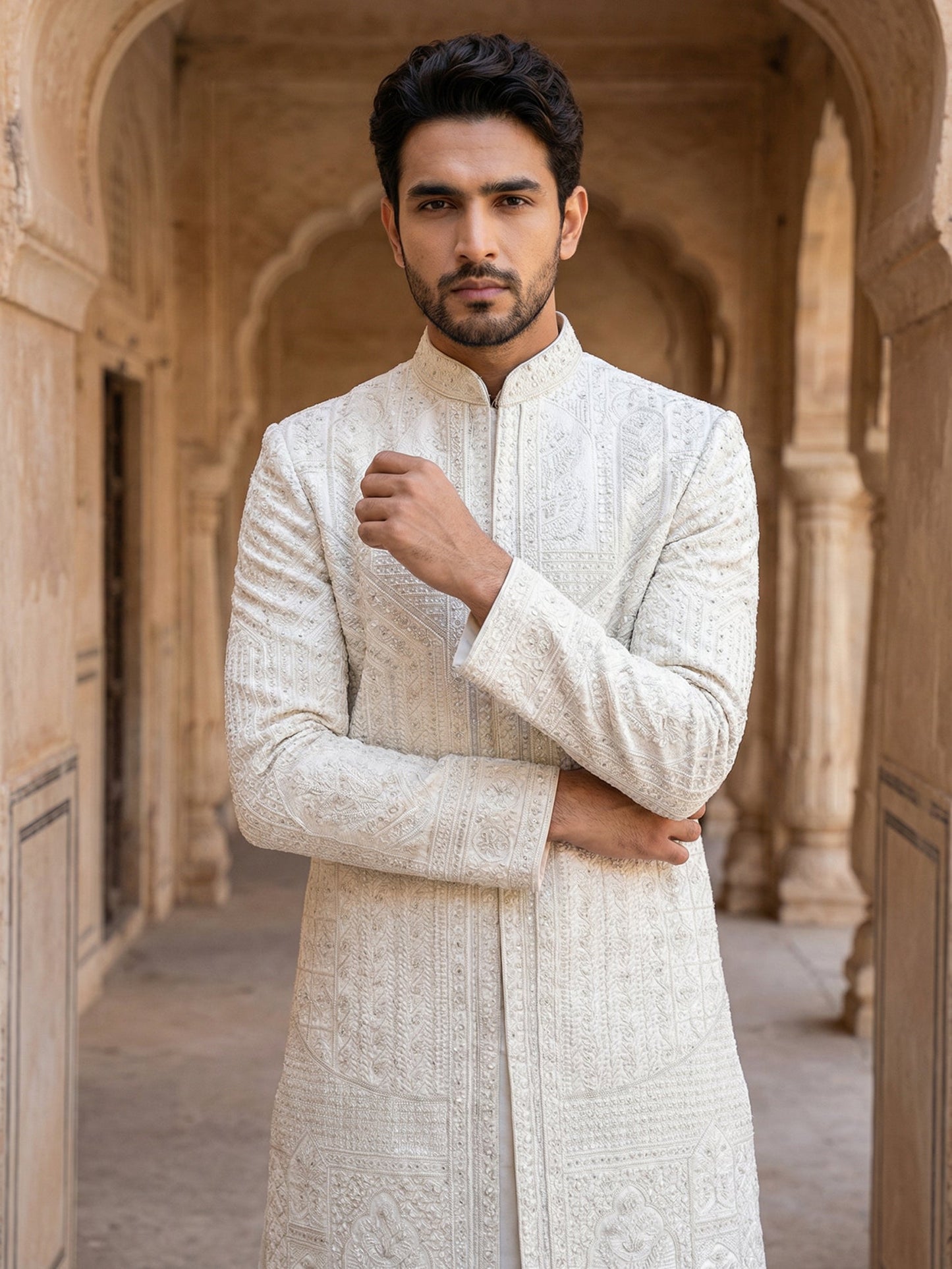 Silk Blend Heavy Embroidered Sherwani Set ( 50JSH 105Cream S )