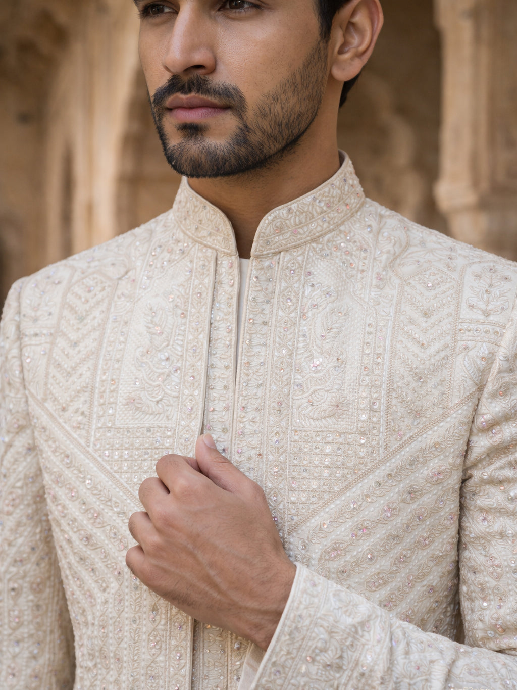 Silk Blend Heavy Embroidered Sherwani Set ( 50JSH 105Cream S )