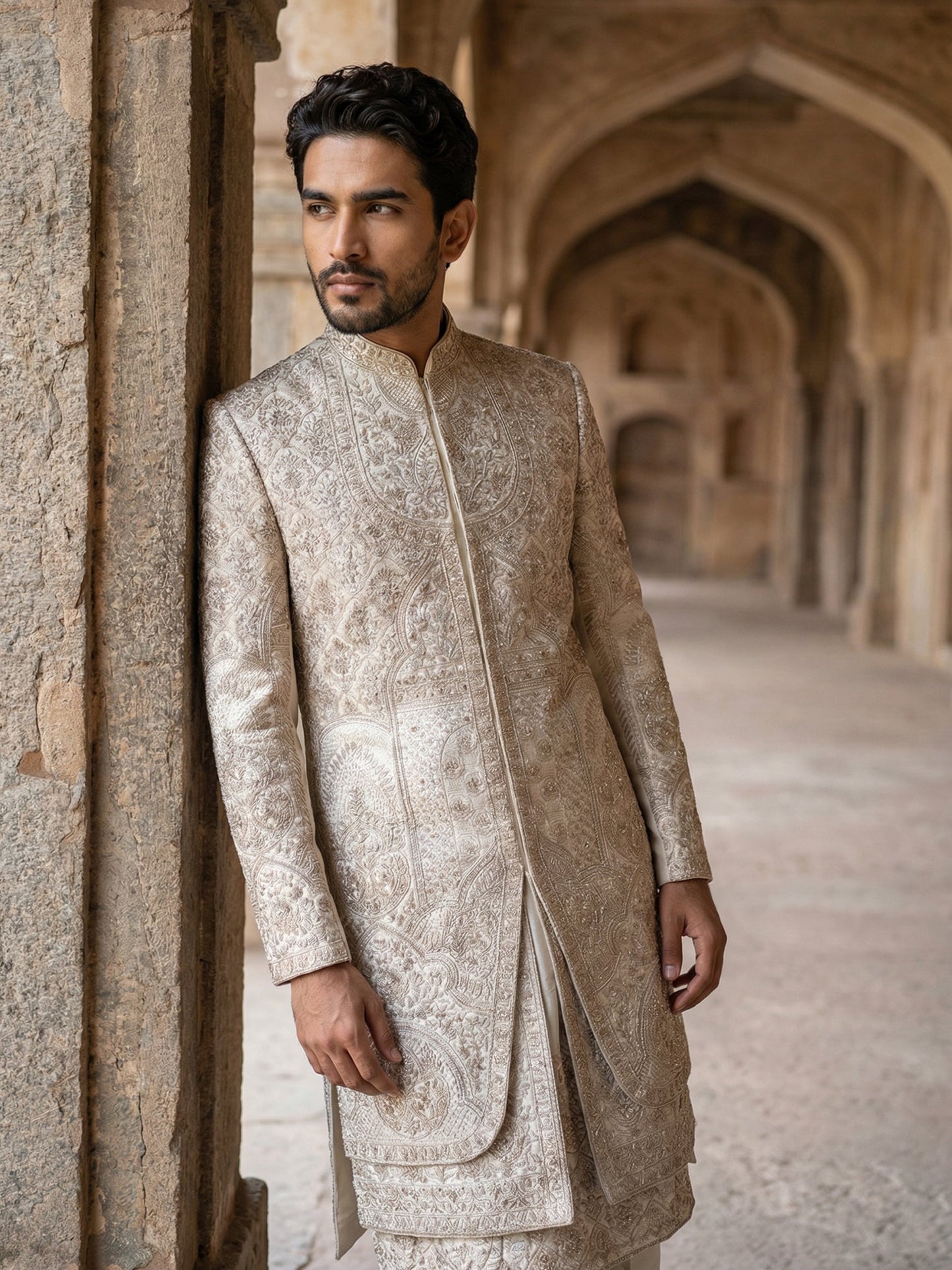 Premium Embroidered Silk Blend Sherwani Set ( 50JSH 106Cream L )