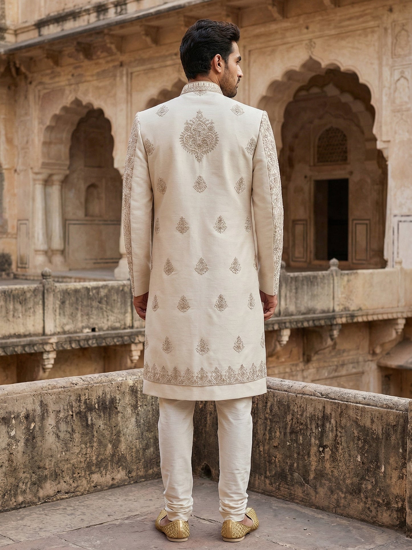 Premium Embroidered Silk Blend Sherwani Set ( 50JSH 106Cream L )