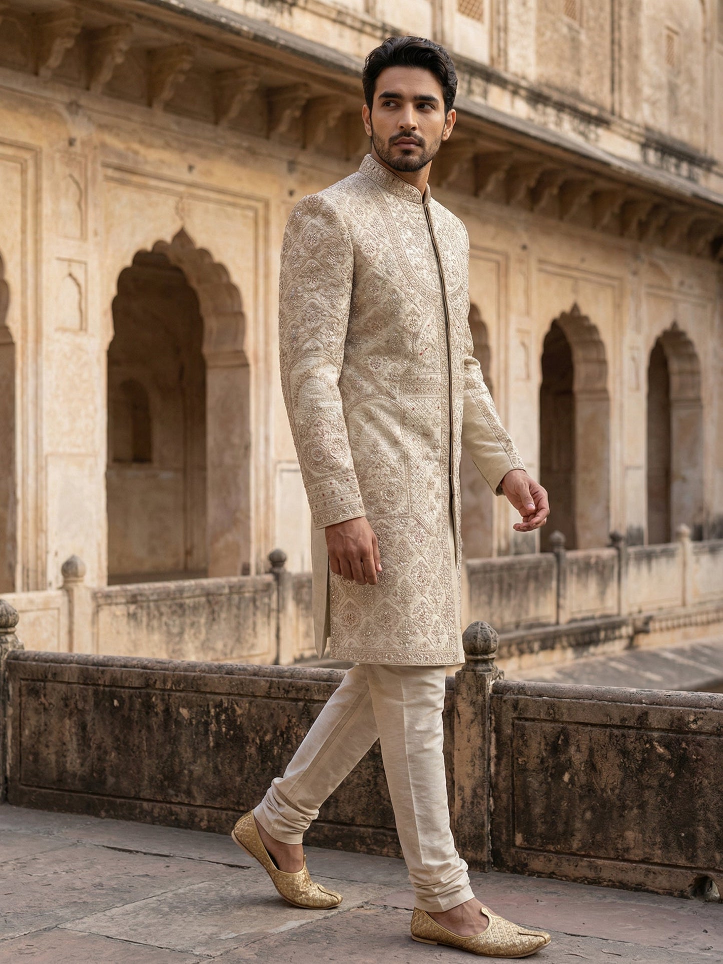 Premium Embroidered Silk Blend Sherwani Set ( 50JSH 106Cream L )