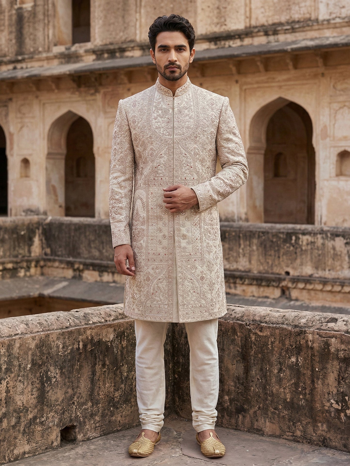 Premium Embroidered Silk Blend Sherwani Set ( 50JSH 106Cream L )
