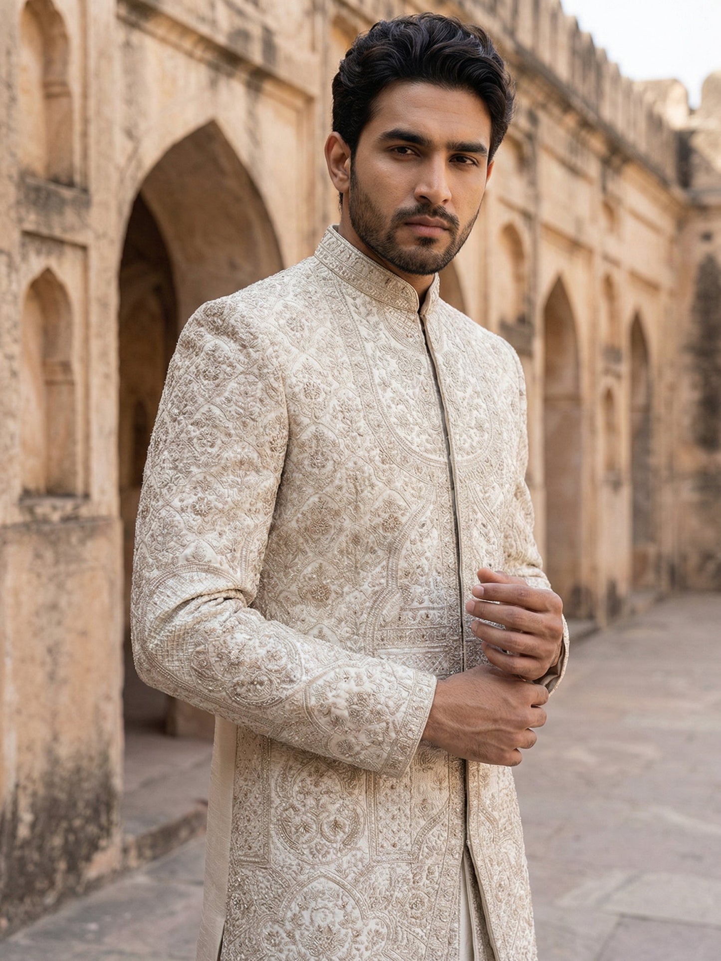 Premium Embroidered Silk Blend Sherwani Set ( 50JSH 106Cream L )