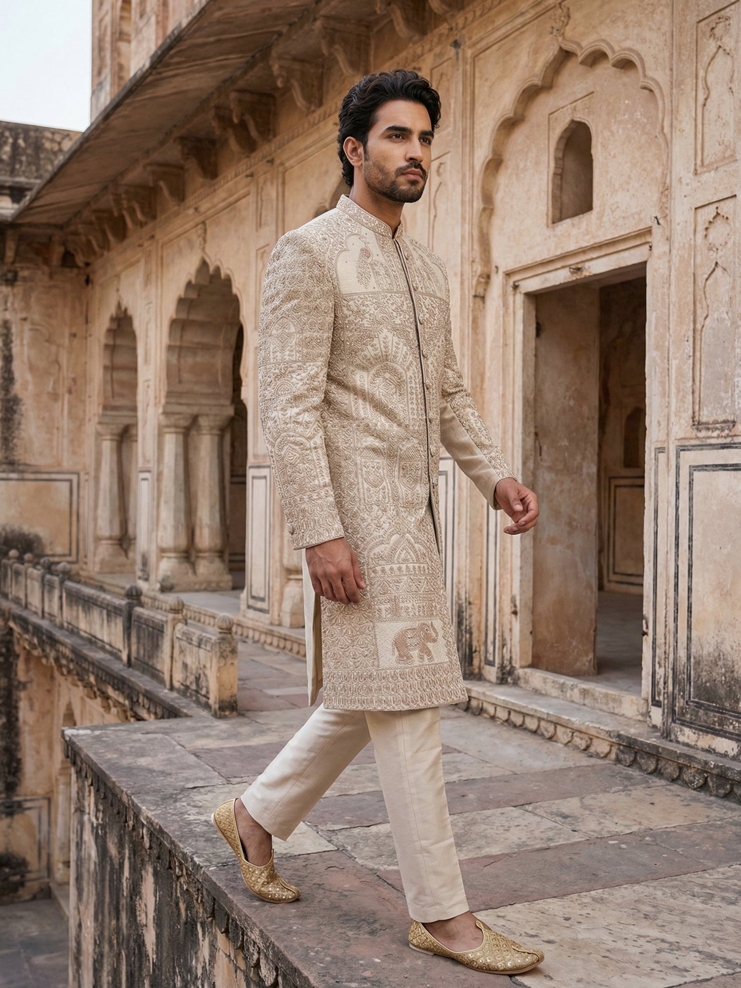 Designer Sherwani Set for Men ( 50JSH 107Golden L )