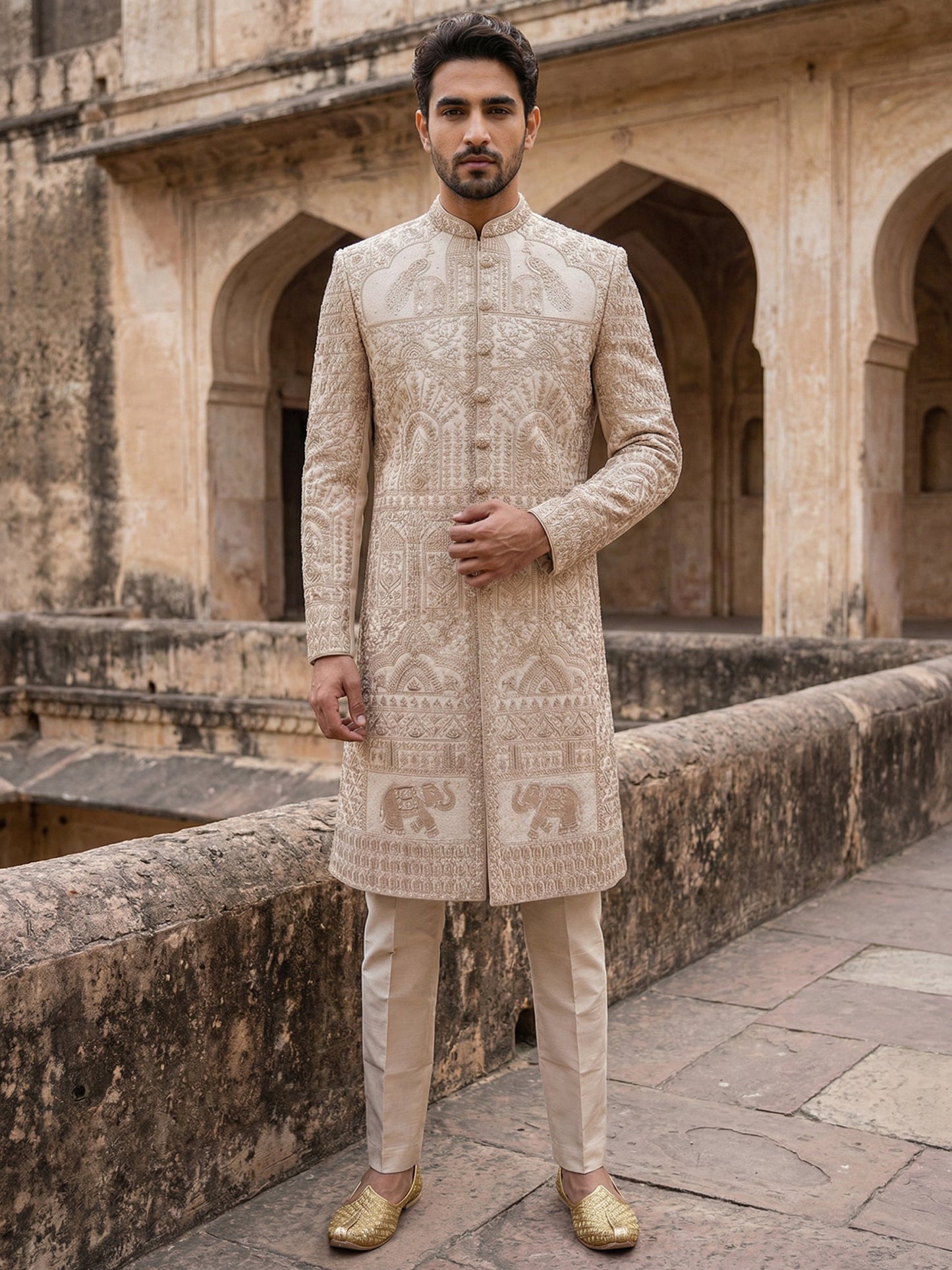 Designer Sherwani Set for Men ( 50JSH 107Golden L )