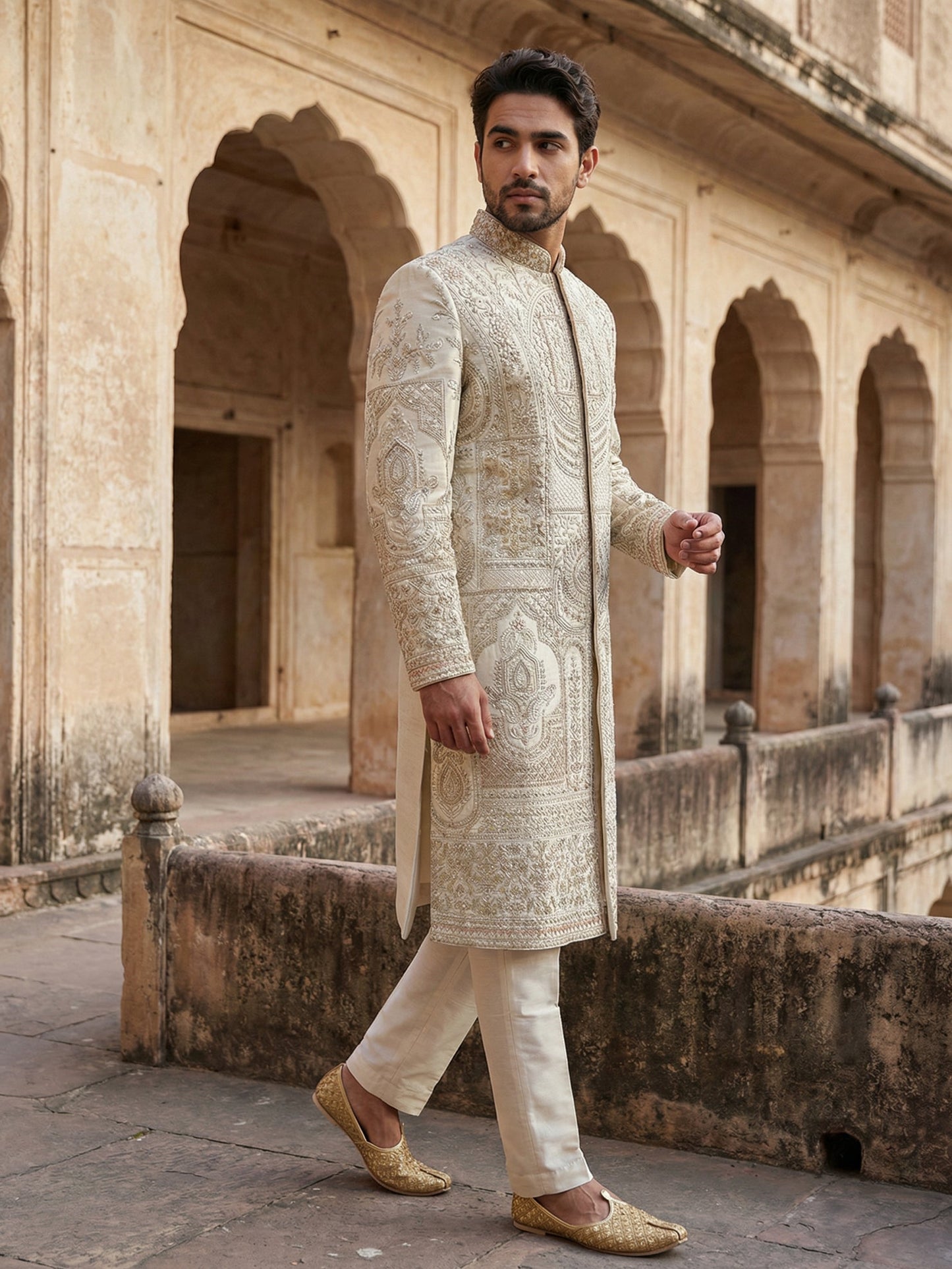 Designer Silk Blend Sherwani Set for Men ( 50JSH 108Golden L )