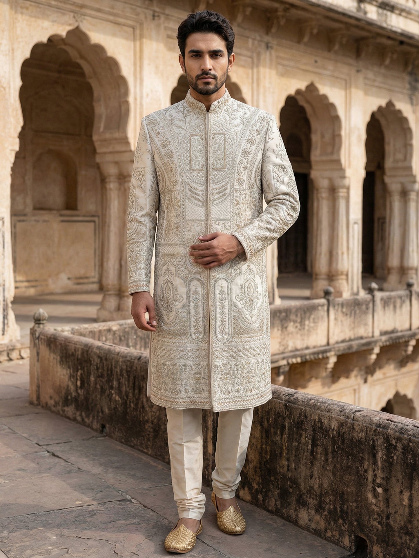 Designer Silk Blend Sherwani Set for Men ( 50JSH 108Golden L )
