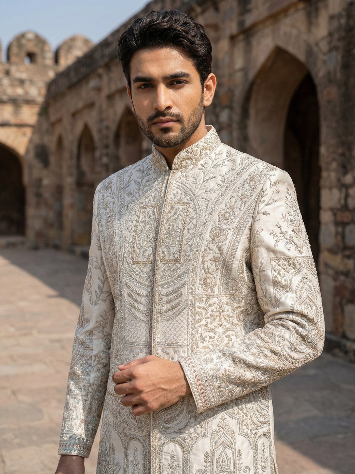 Designer Silk Blend Sherwani Set for Men ( 50JSH 108Golden L )