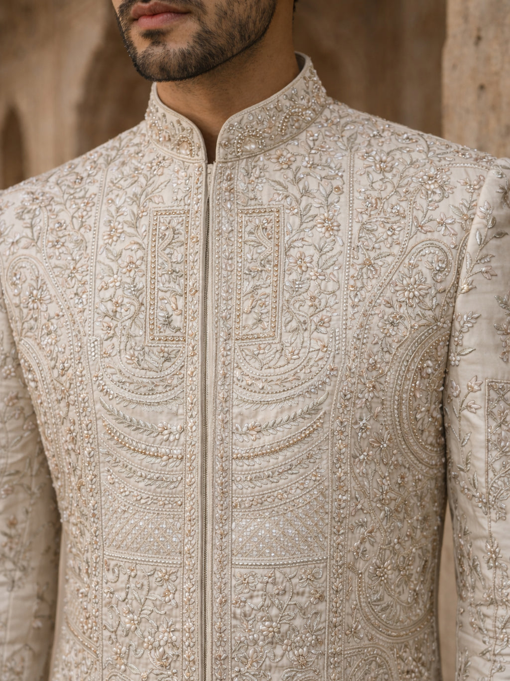Designer Silk Blend Sherwani Set for Men ( 50JSH 108Golden L )