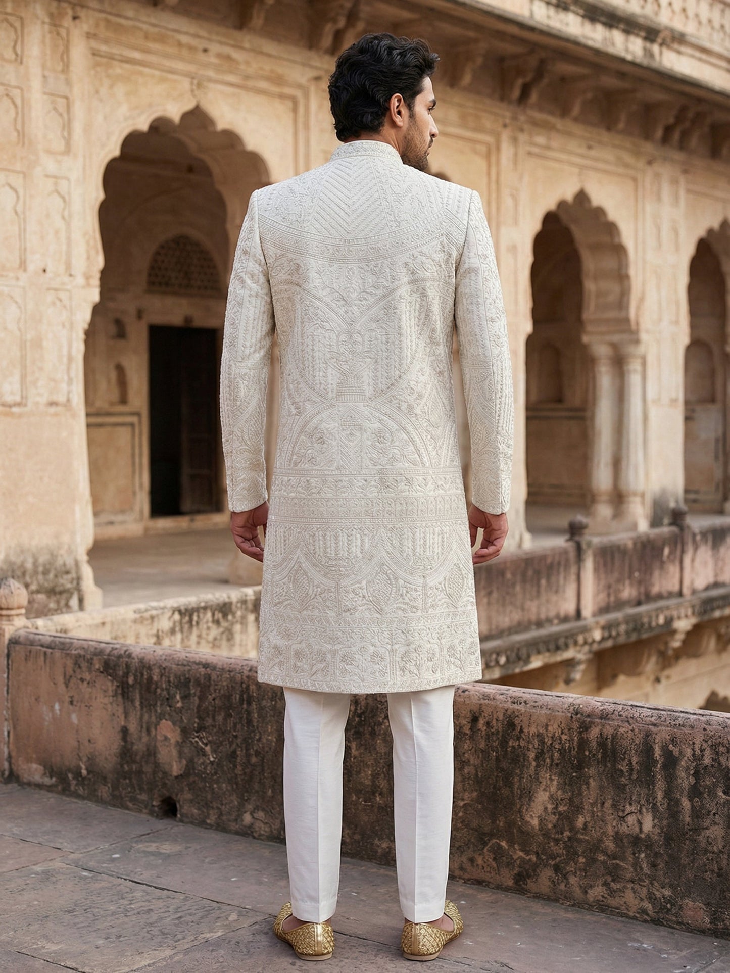 Men Jacquard Silk Blend Sherwani Set ( 50JSH 109Cream M )