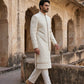 Men Jacquard Silk Blend Sherwani Set ( 50JSH 109Cream M )