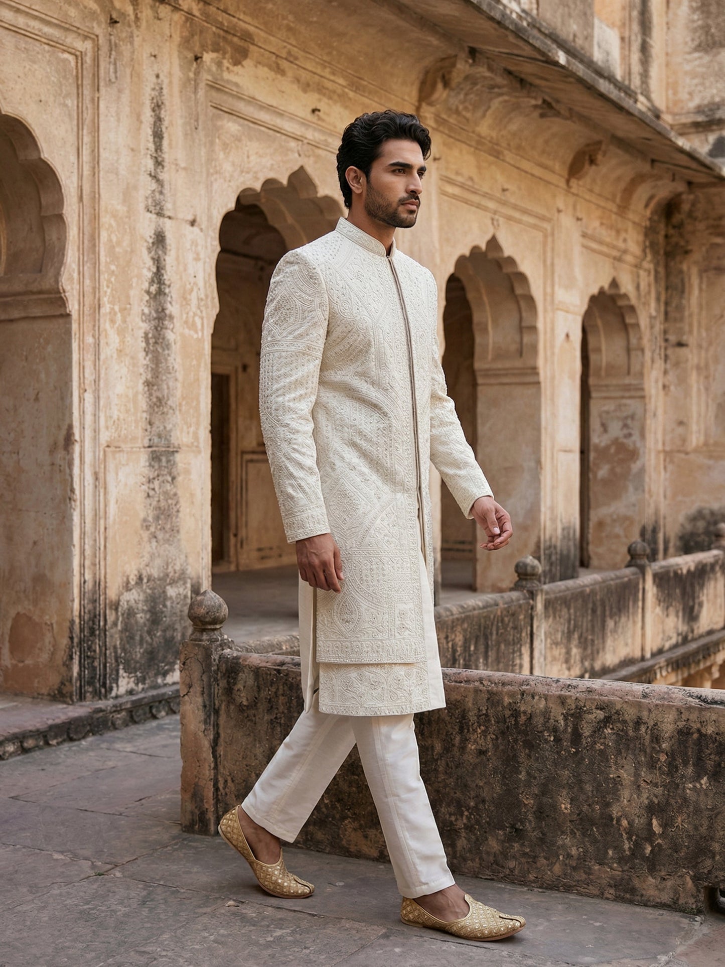 Men Jacquard Silk Blend Sherwani Set ( 50JSH 109Cream M )