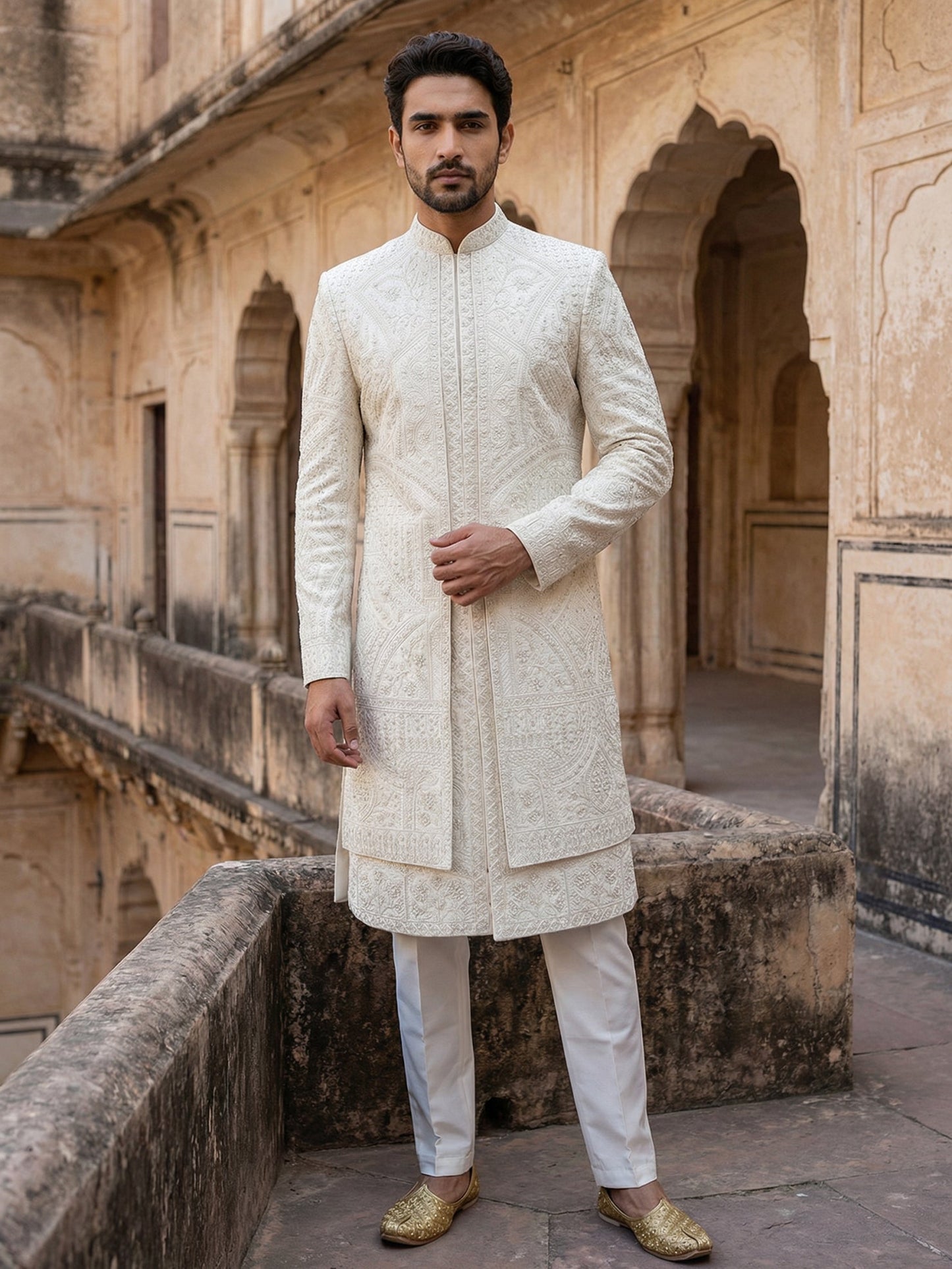 Men Jacquard Silk Blend Sherwani Set ( 50JSH 109Cream M )