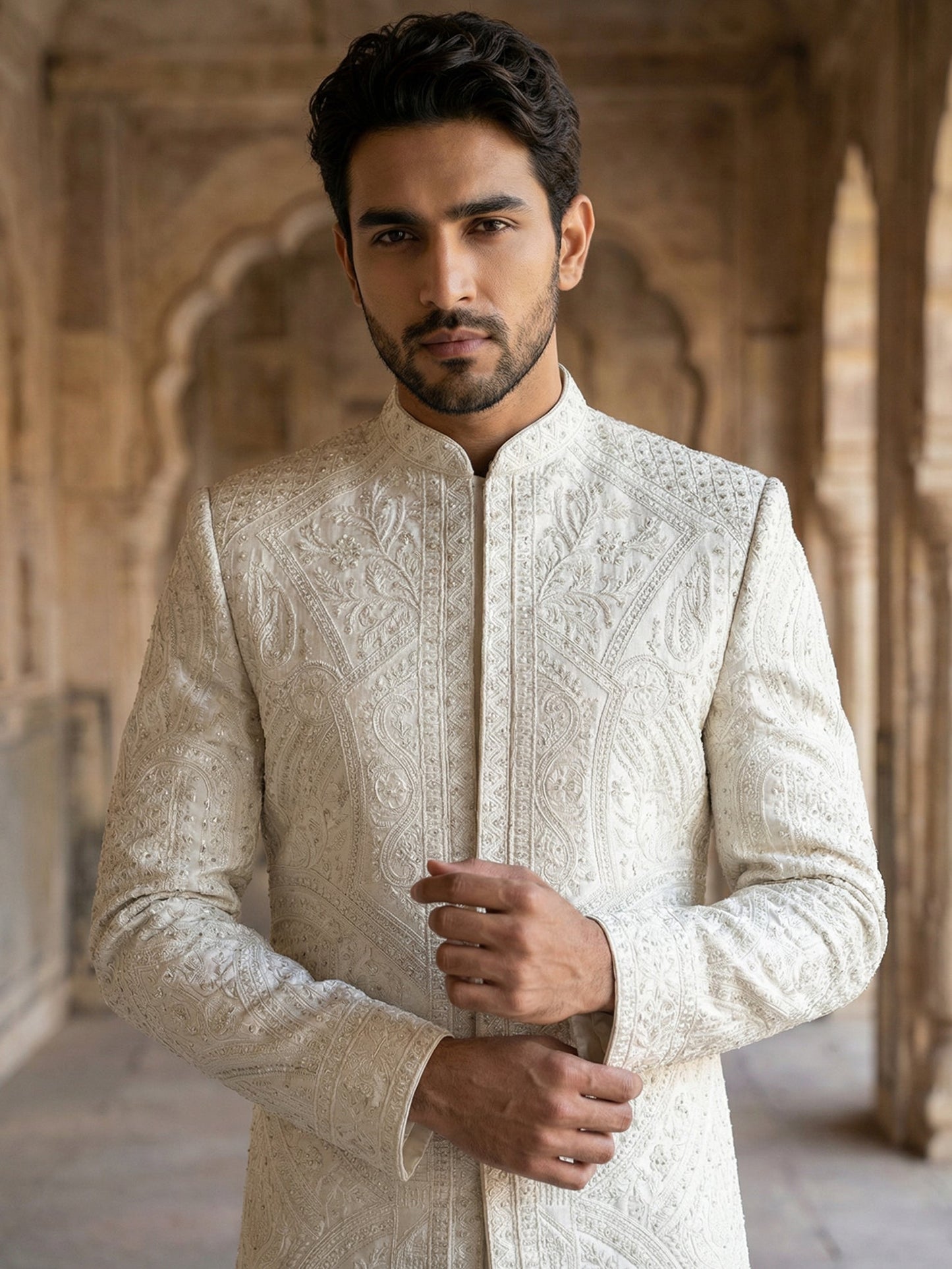 Men Jacquard Silk Blend Sherwani Set ( 50JSH 109Cream M )