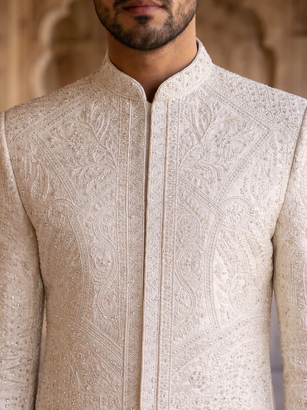Men Jacquard Silk Blend Sherwani Set ( 50JSH 109Cream M )