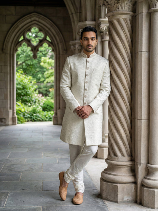 Silk Blend Embroidered Royal Sherwani Set ( 50JSH 112Cream L )
