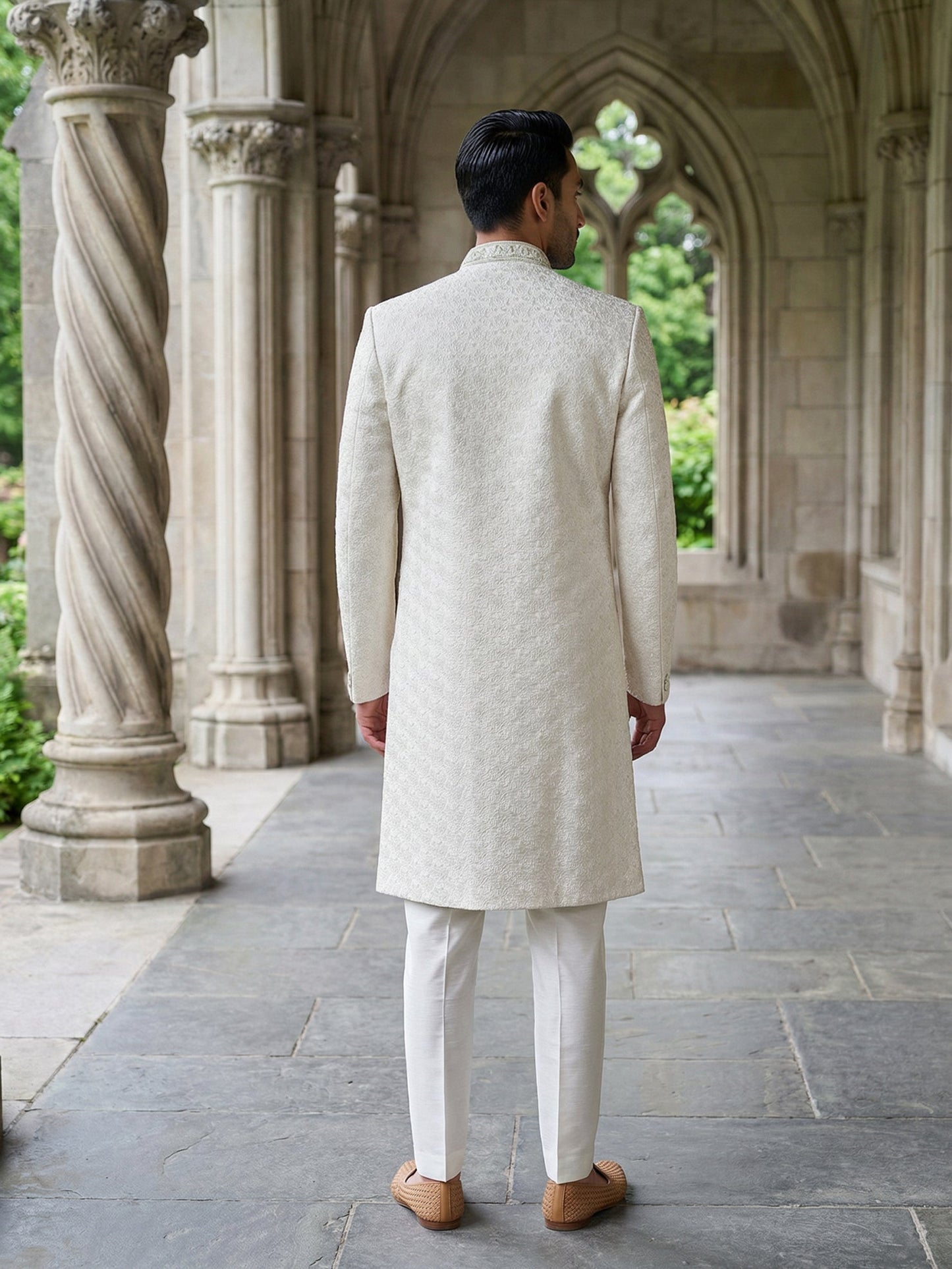 Silk Blend Embroidered Royal Sherwani Set ( 50JSH 112Cream L )