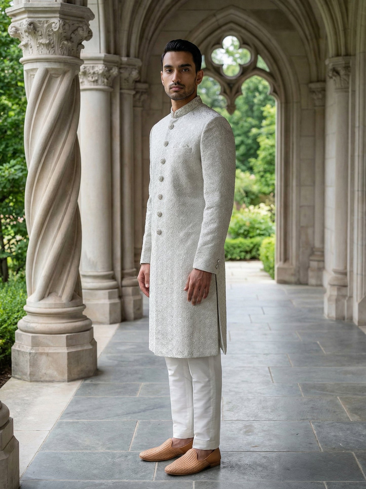 Silk Blend Embroidered Royal Sherwani Set ( 50JSH 112Cream L )