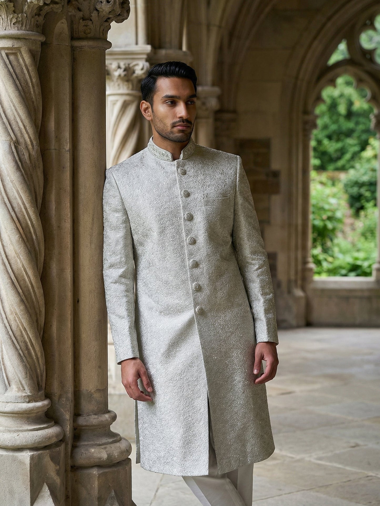 Silk Blend Embroidered Royal Sherwani Set ( 50JSH 112Cream L )